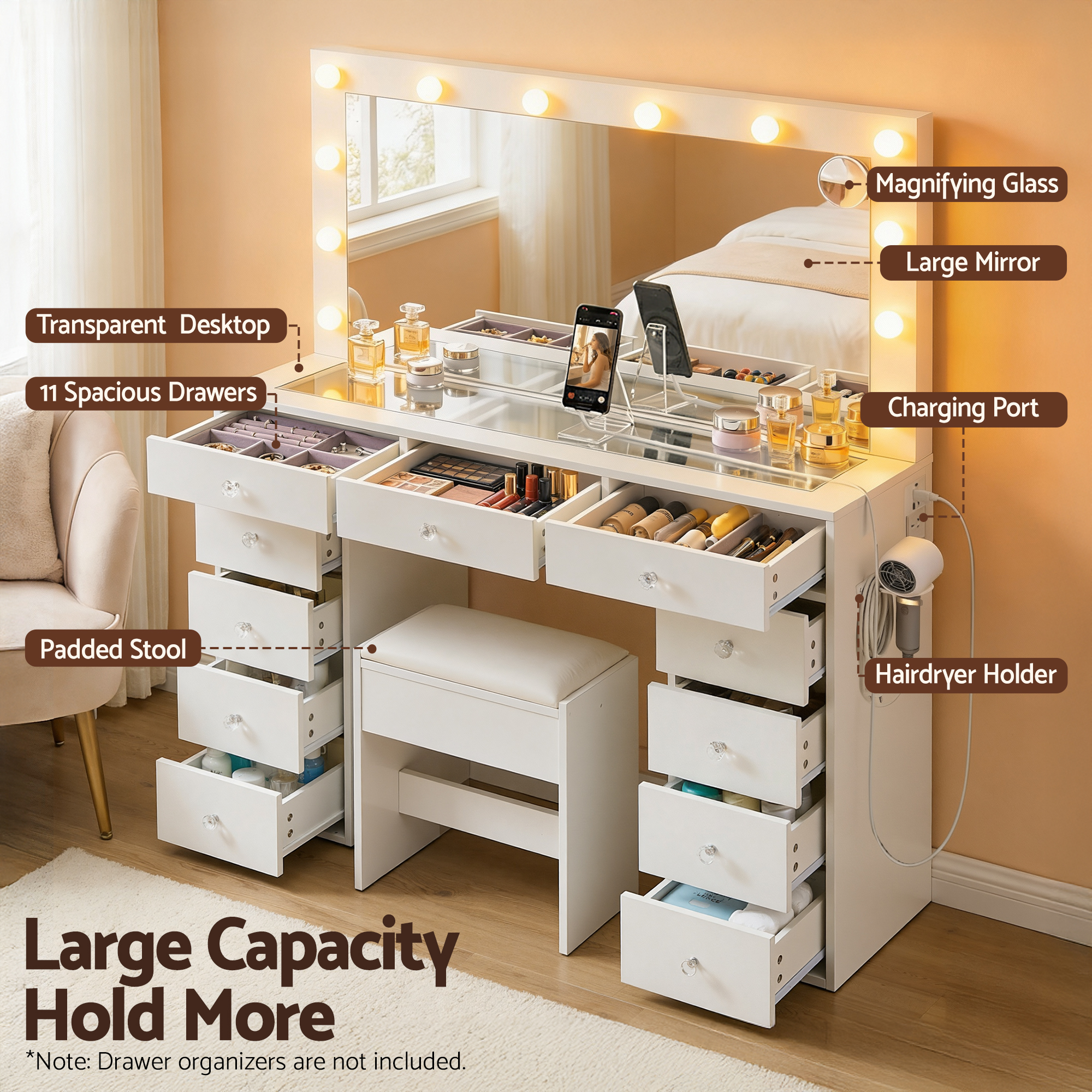 Artiss Dressing Table Vanity Desk Set Stool LED Bulbs White - Image 6