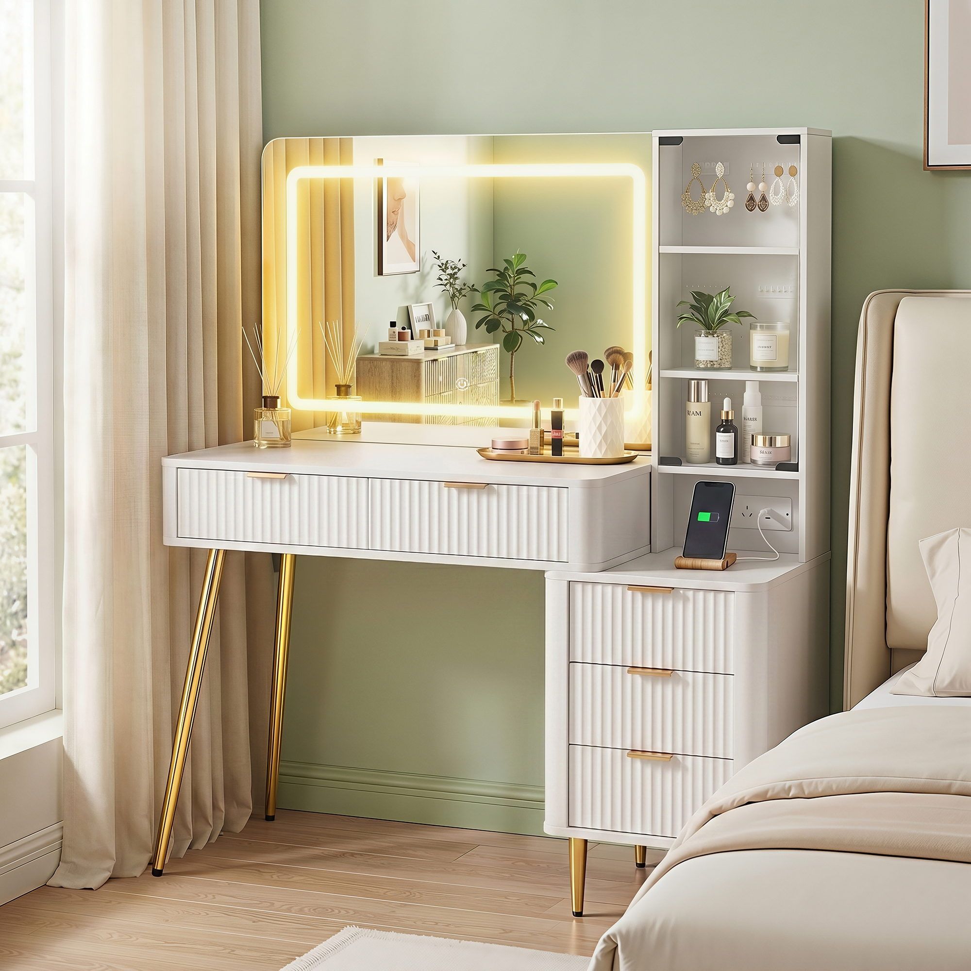 Artiss Dressing Table LED Vanity Desk Charging Station White - Image 1