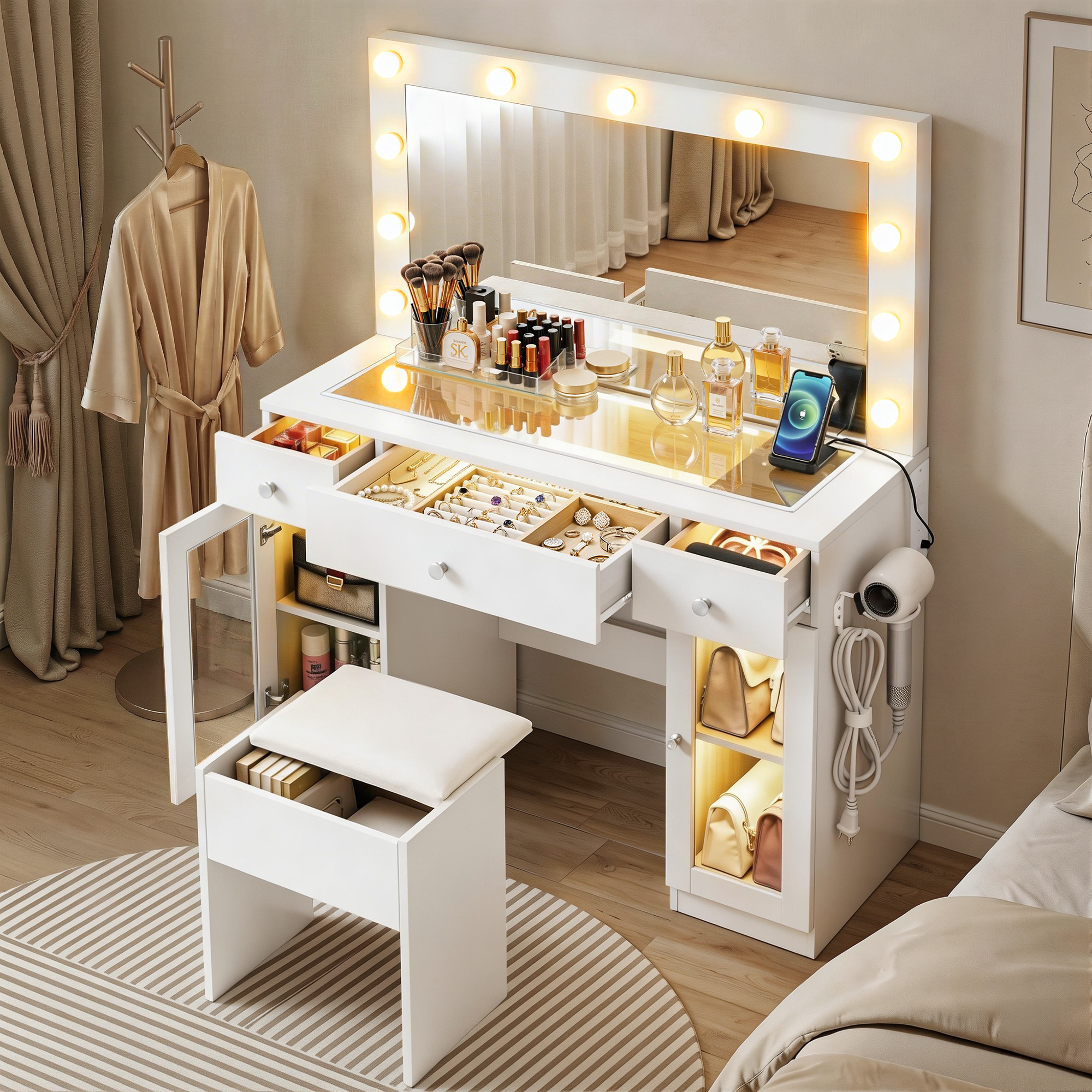 Artiss Dressing Table Vanity Desk Set LED Bulbs RGB Light White - Image 1