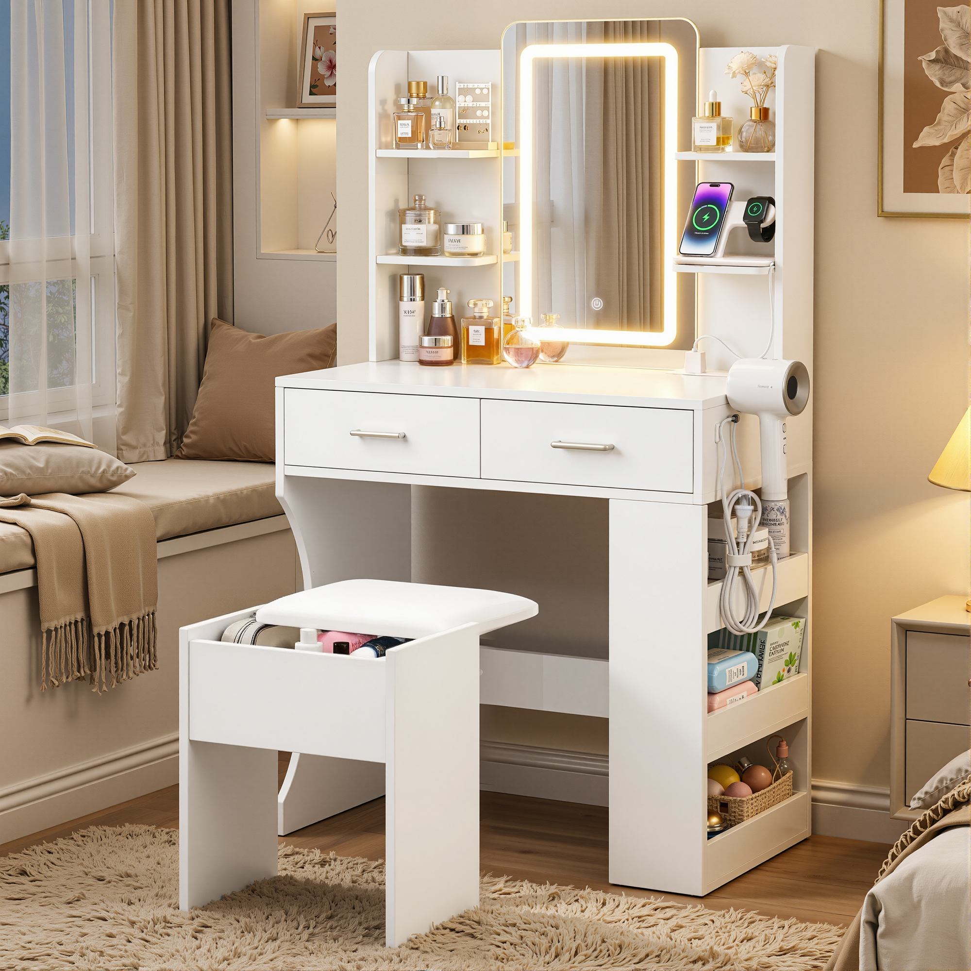 Artiss Dressing Table LED Vanity Desk Set Stool White - Image 1