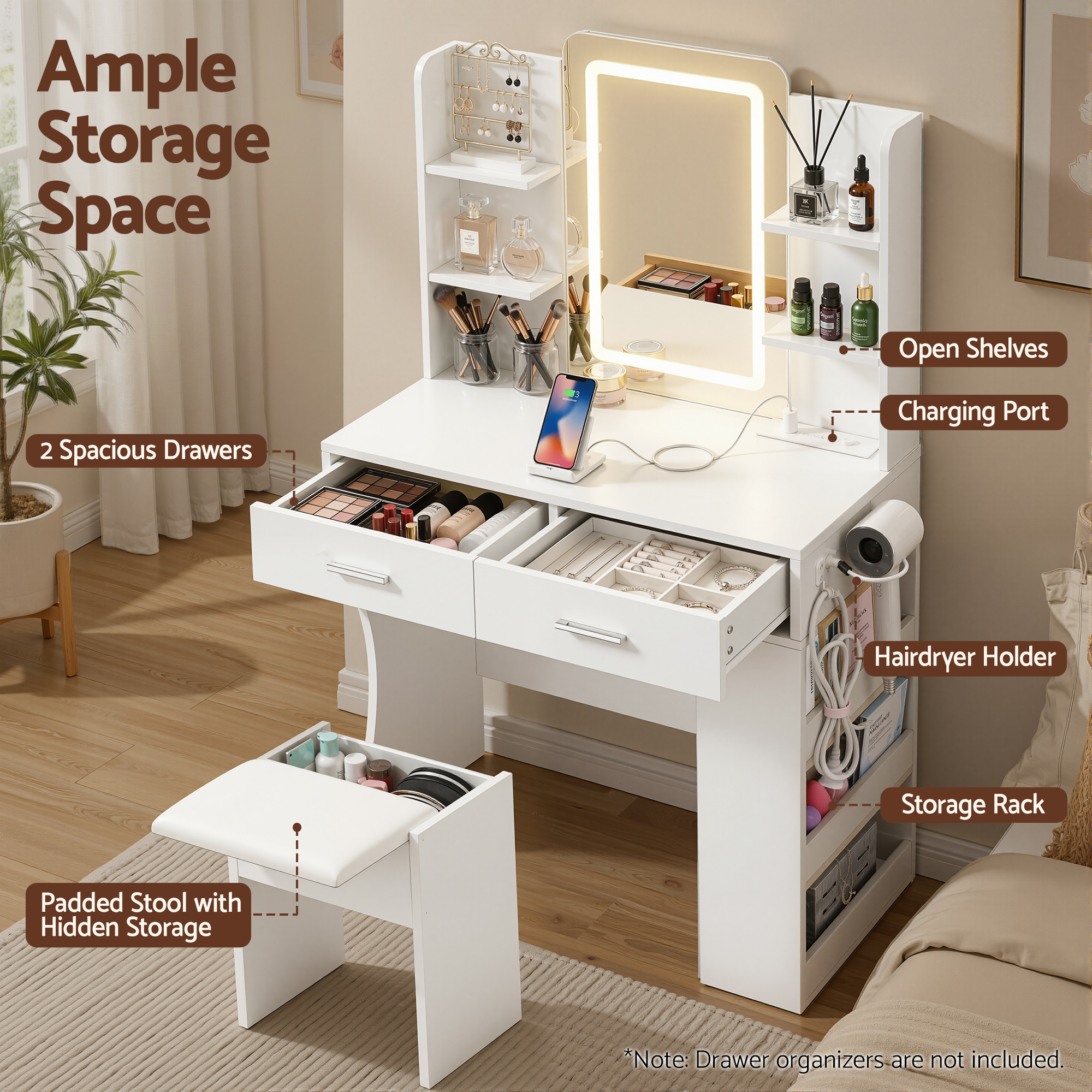 Artiss Dressing Table LED Vanity Desk Set Stool White - Image 6