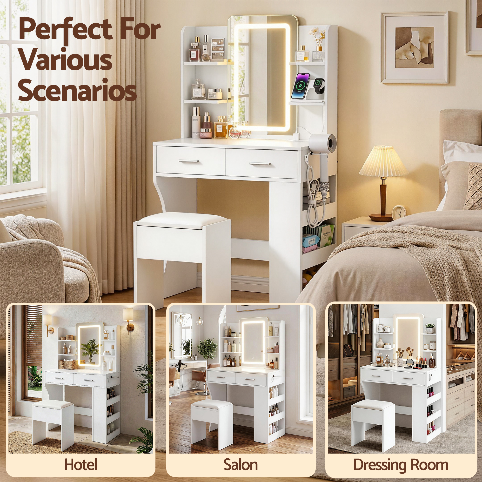 Artiss Dressing Table LED Vanity Desk Set Stool White - Image 8