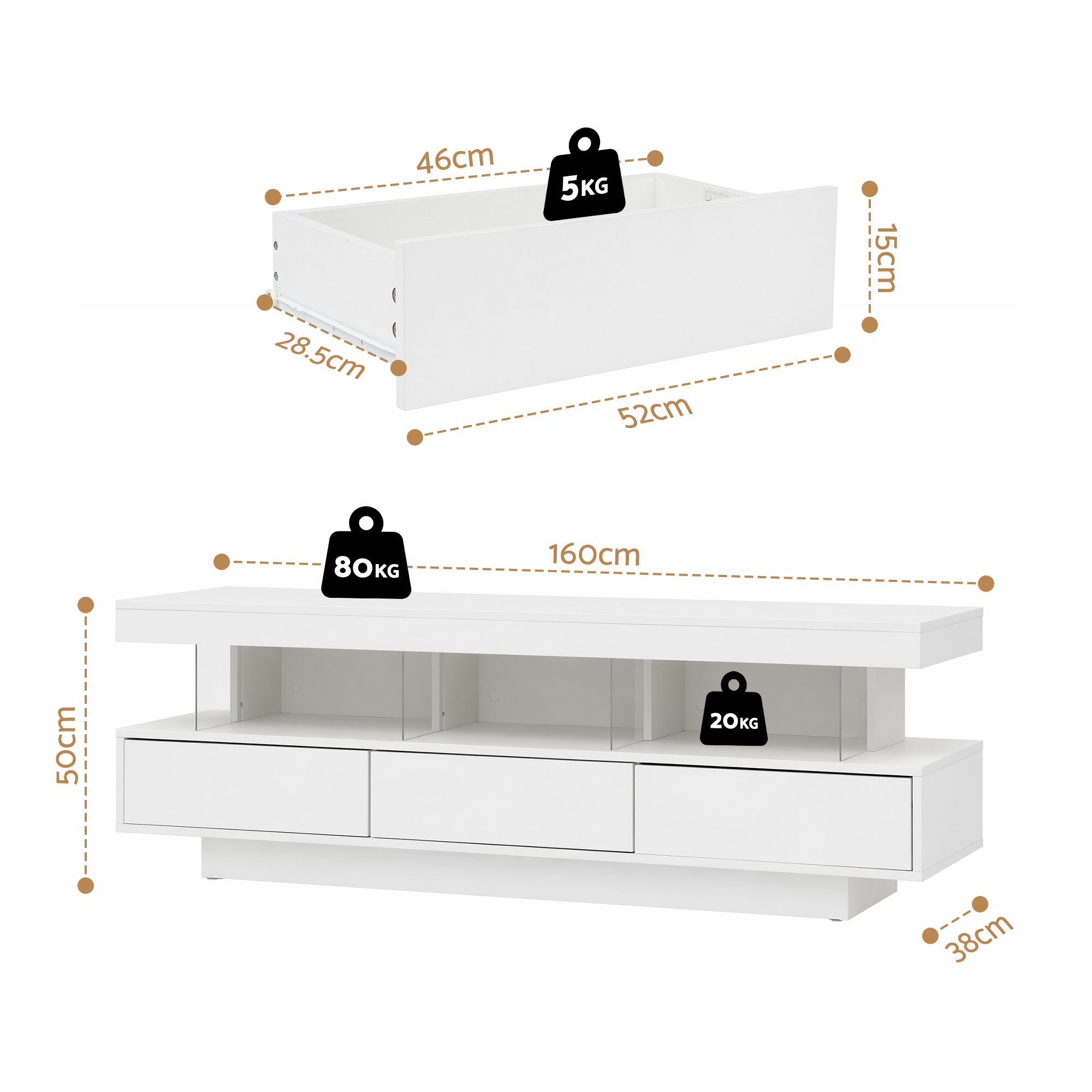 Artiss TV Unit LED 160CM Storage Drawer White - Image 4