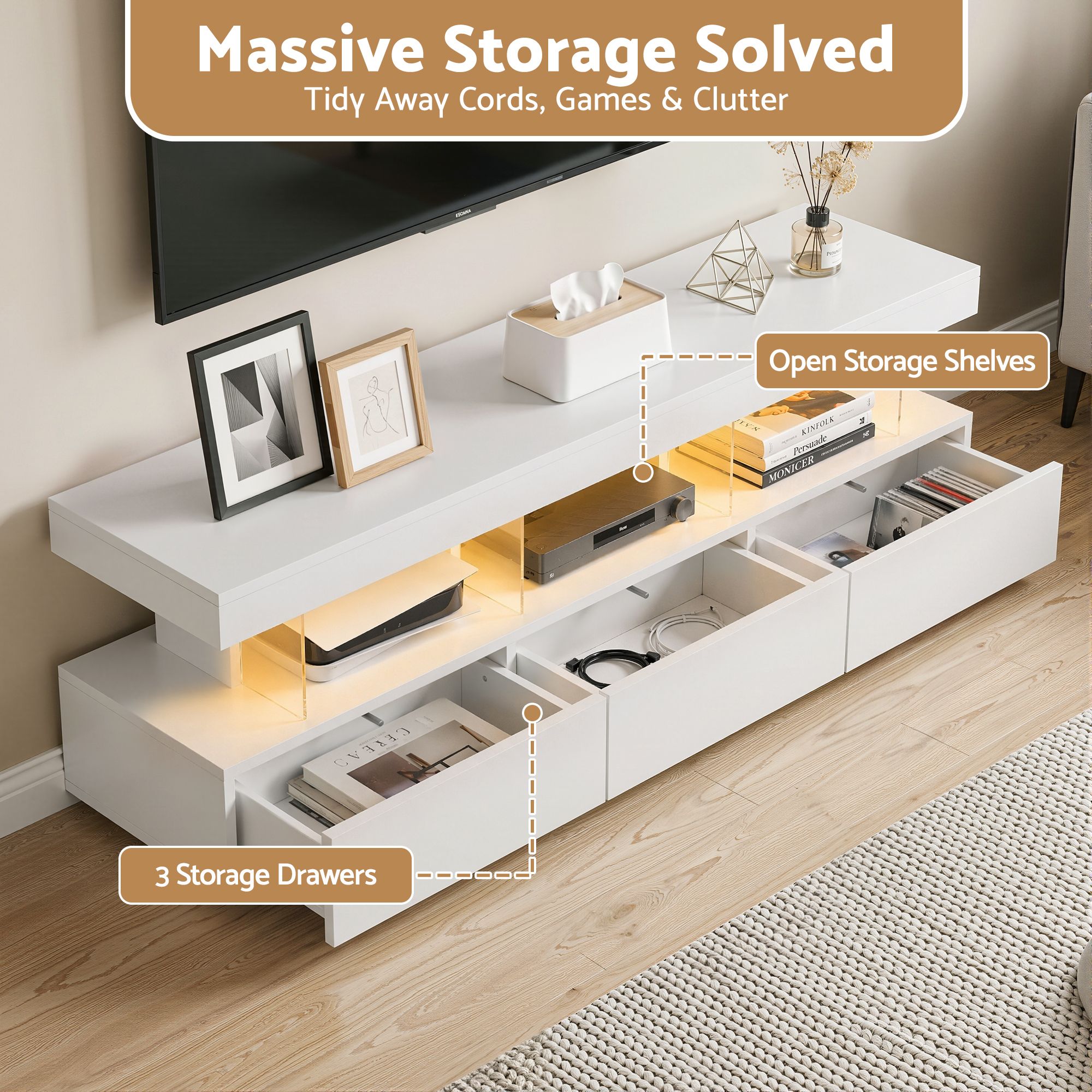 Artiss TV Unit LED 160CM Storage Drawer White - Image 6