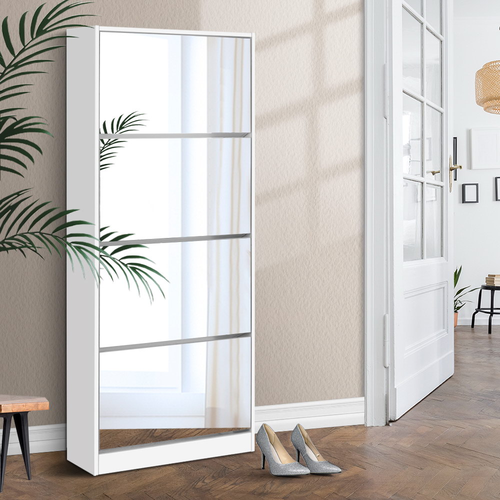 Artiss Shoe Rack Cabinet Mirror 60 Pairs White Rira - Image 1