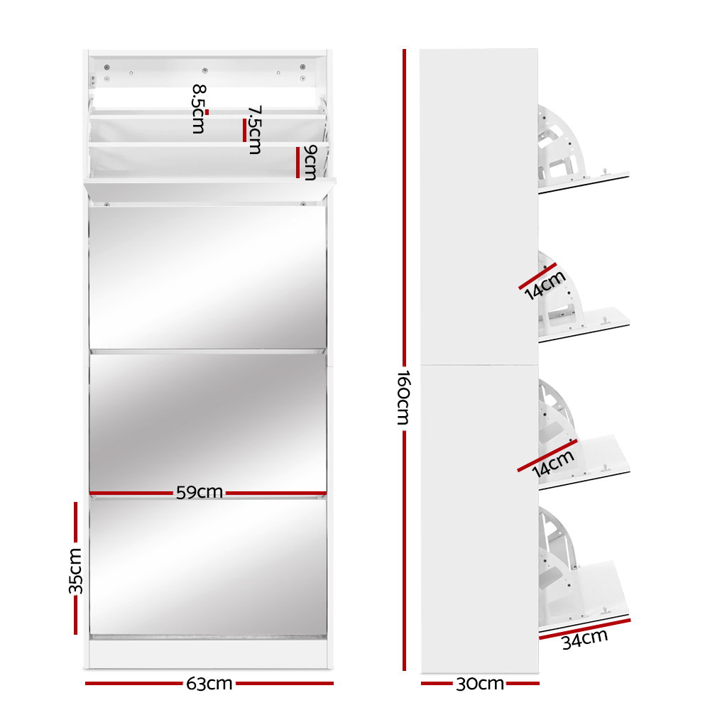 Artiss Shoe Rack Cabinet Mirror 60 Pairs White Rira - Image 4