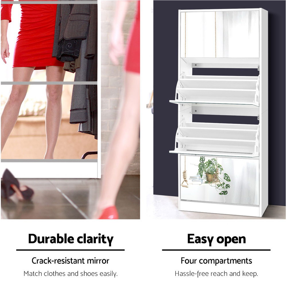 Artiss Shoe Rack Cabinet Mirror 60 Pairs White Rira - Image 6