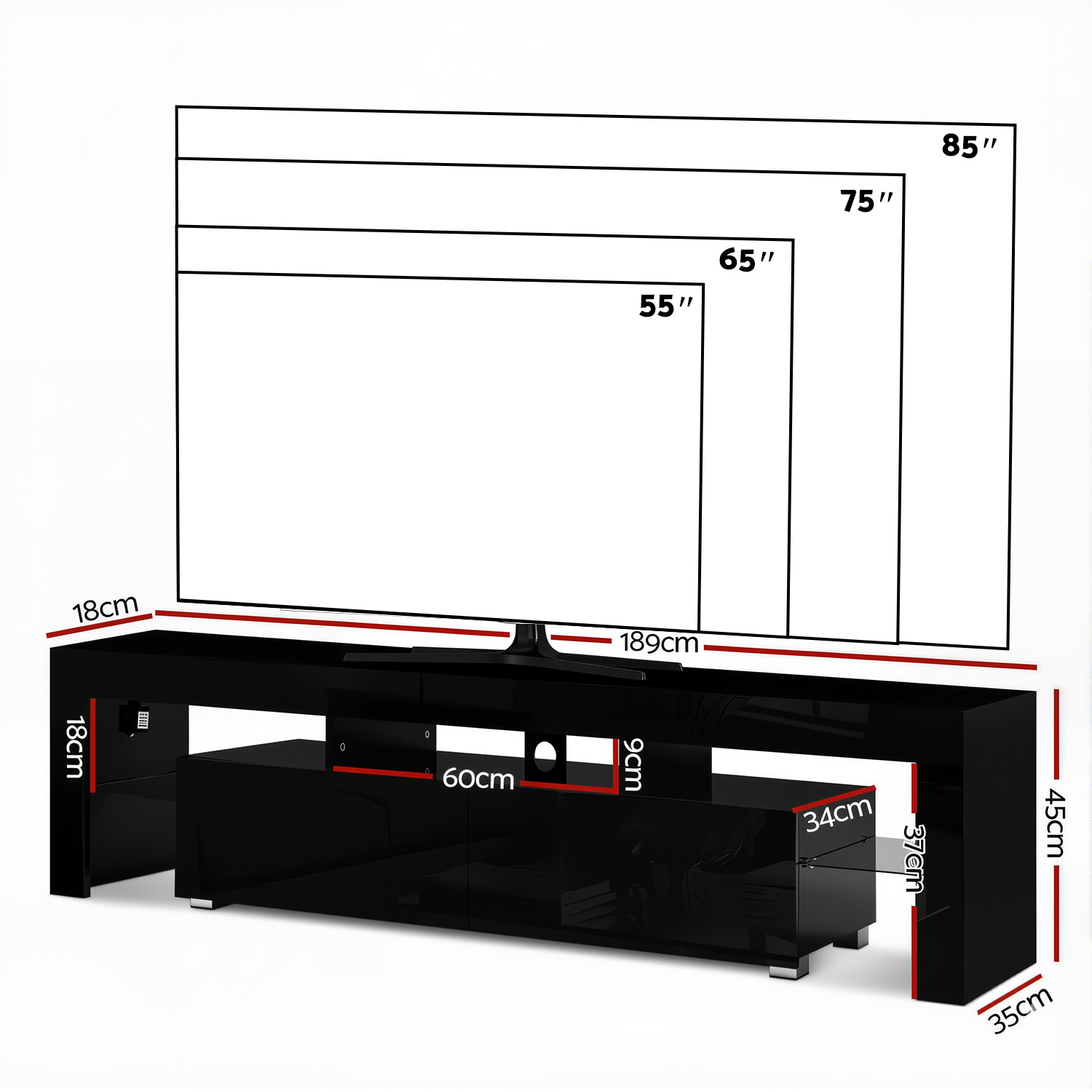 Artiss Entertainment Unit TV Cabinet LED 189cm Black Elo - Image 4