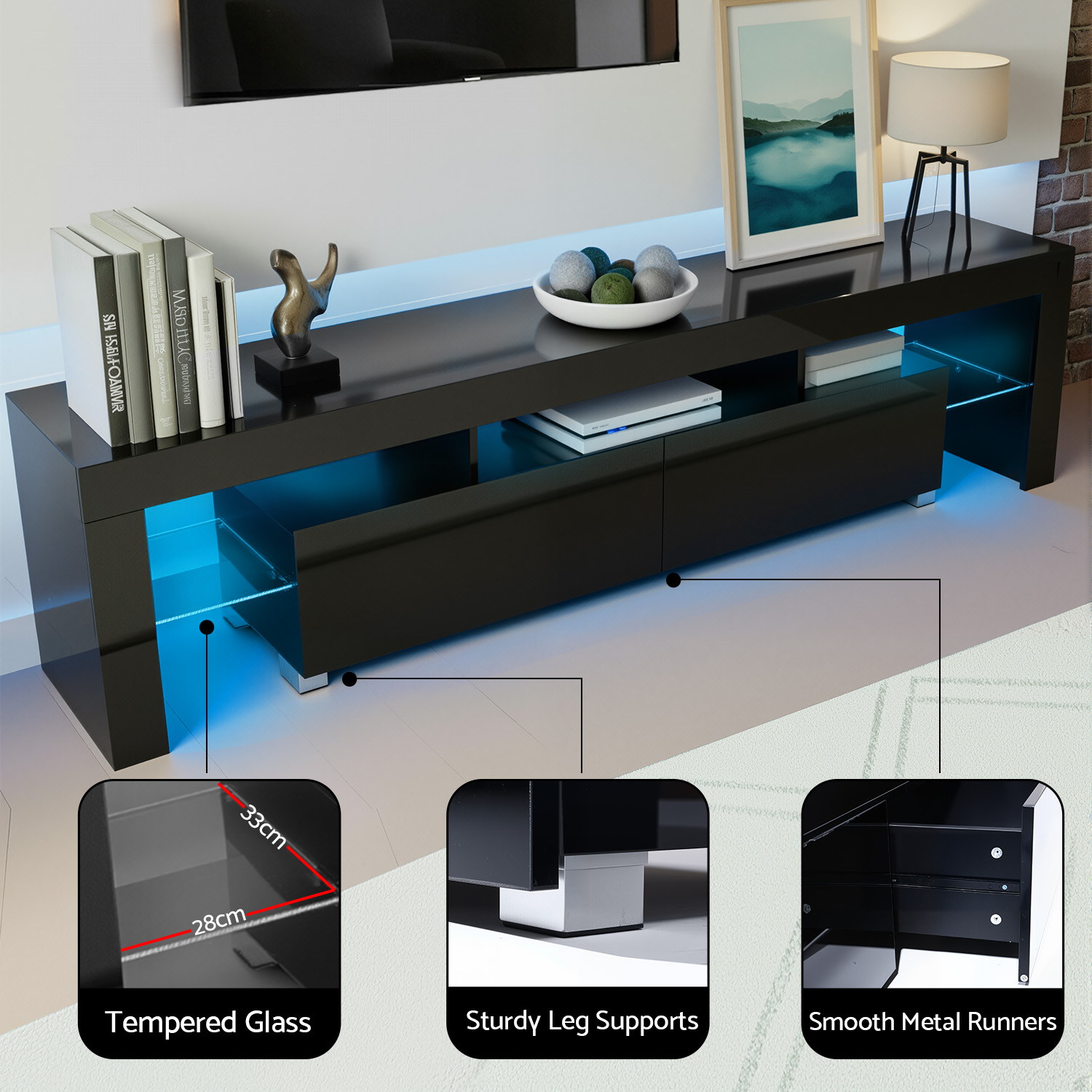 Artiss Entertainment Unit TV Cabinet LED 189cm Black Elo - Image 7
