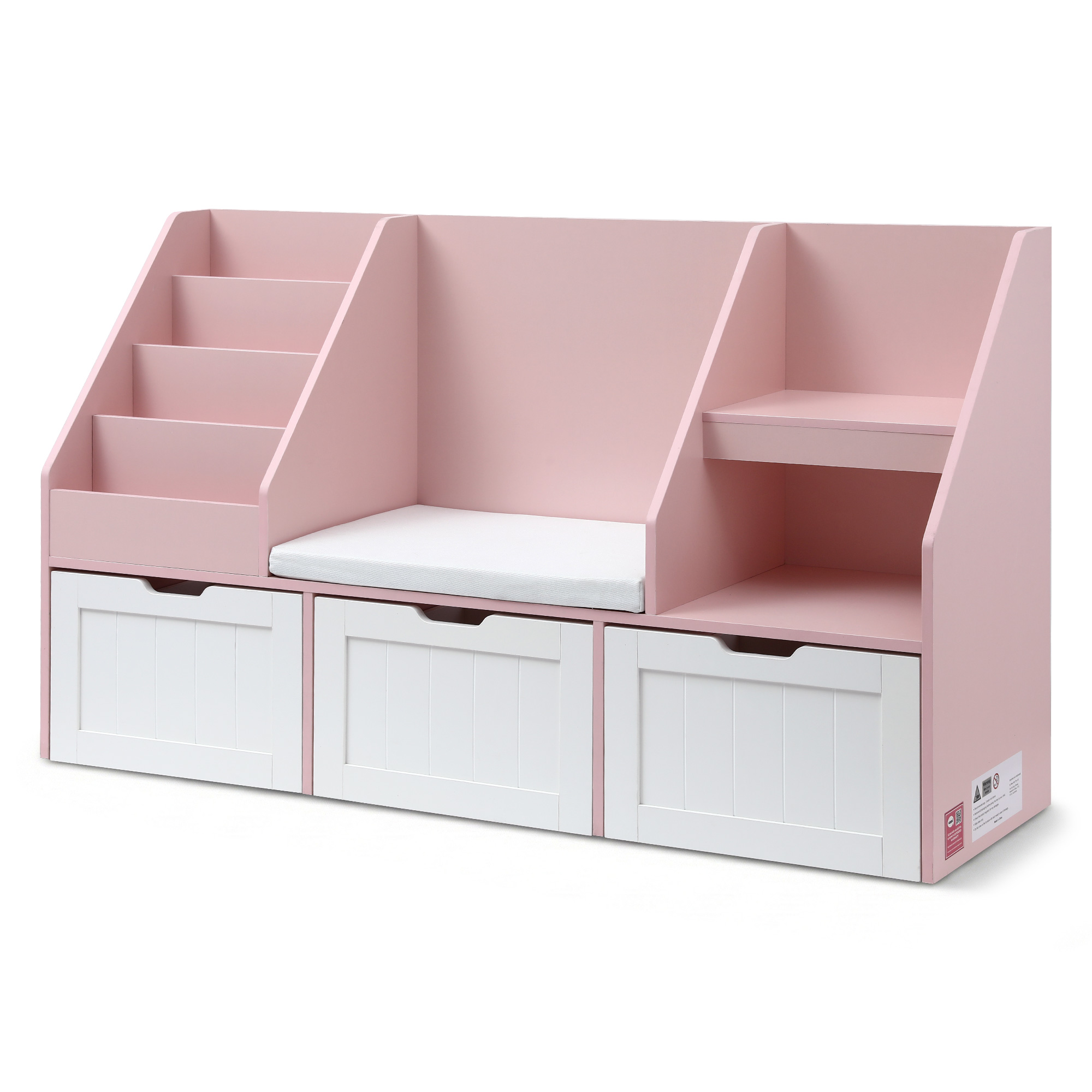 Keezi Kids Bookshelf Storage Organiser Toy Box Drawer Bench Seat Cabinet Pink - Image 1
