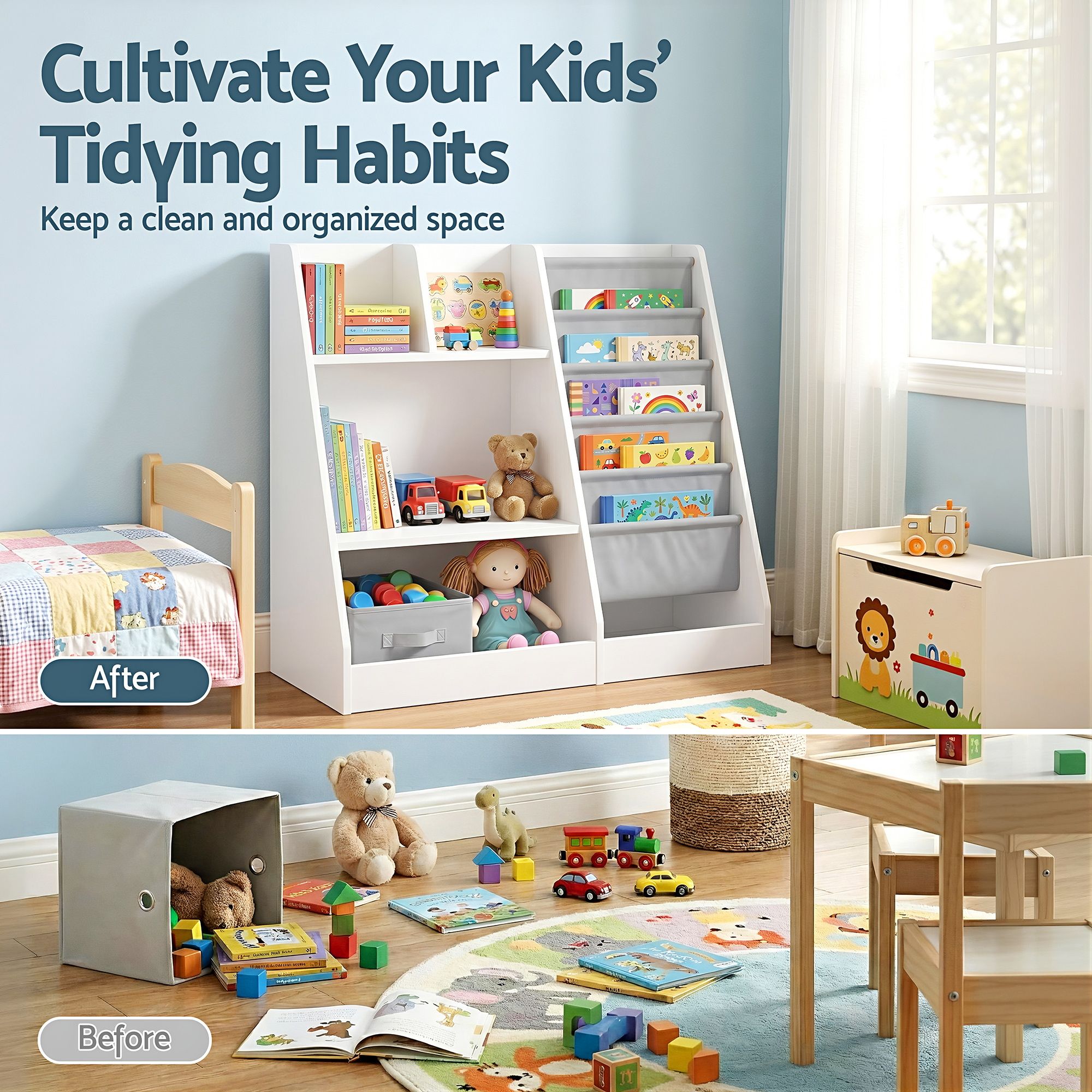 Keezi Kids Bookshelf Wood Bookcase Toddler Toys Storage Rack Display Shelves - Image 6