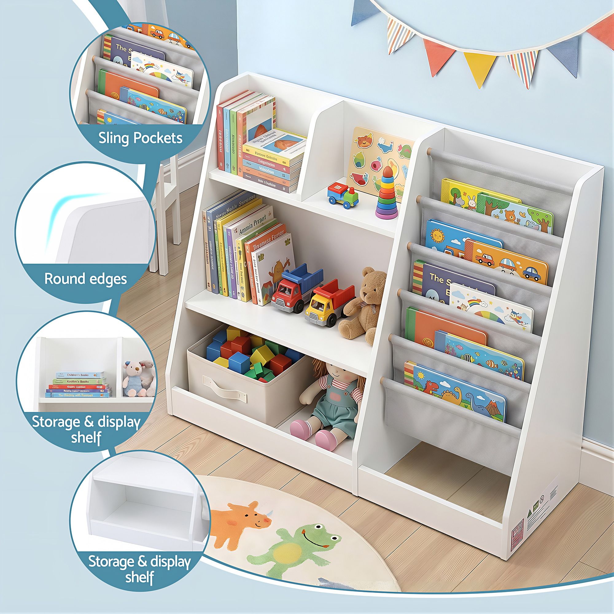 Keezi Kids Bookshelf Wood Bookcase Toddler Toys Storage Rack Display Shelves - Image 7