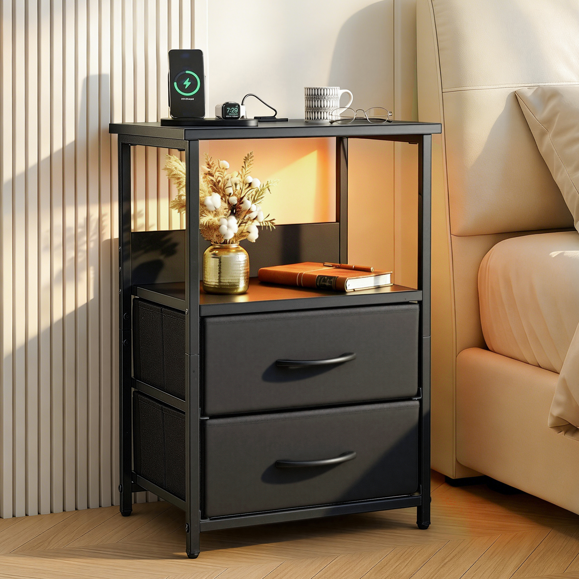 Artiss Bedside Table LED Nightstand Charging Station 2 Drawers Foldable Black - Image 1