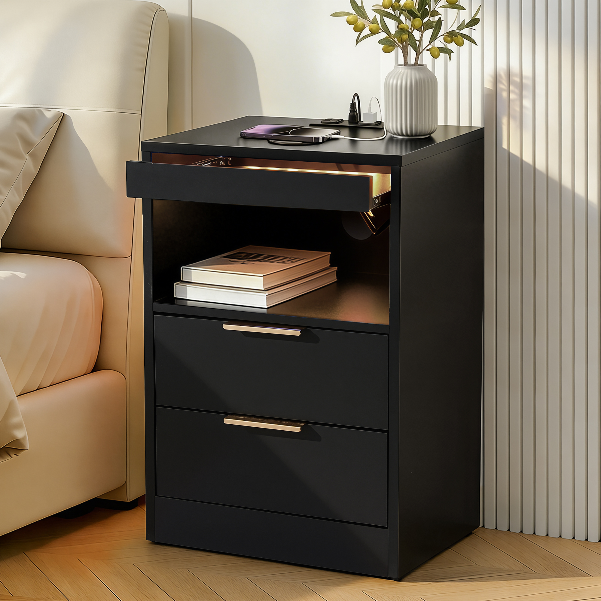 Artiss Bedside Table LED Nightstand Charging Station 2 Drawers - Black - Image 1