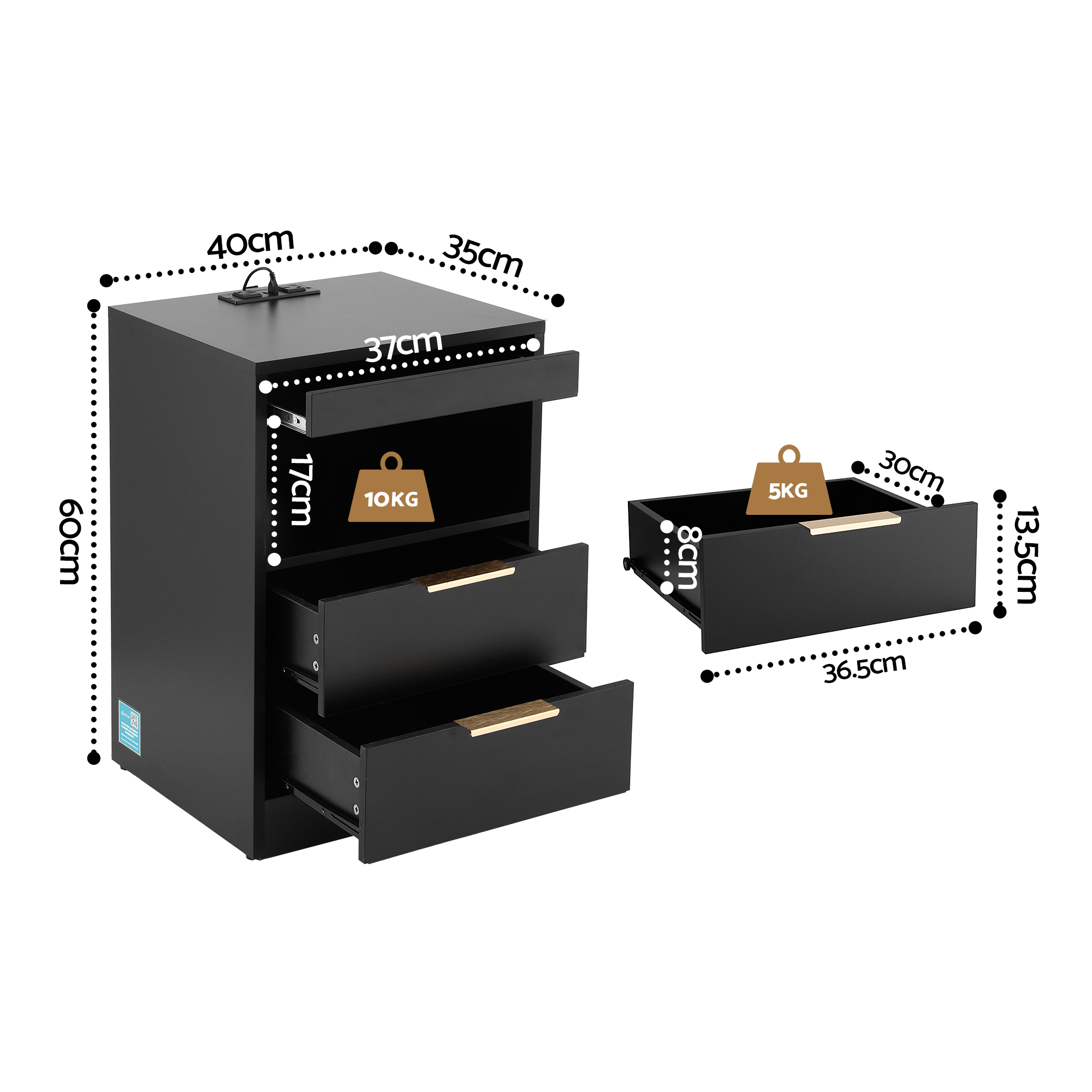Artiss Bedside Table LED Nightstand Charging Station 2 Drawers - Black - Image 3