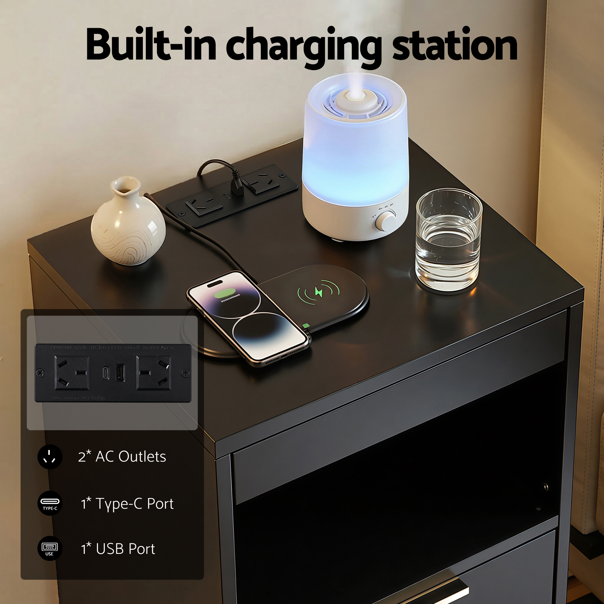 Artiss Bedside Table LED Nightstand Charging Station 2 Drawers - Black - Image 6