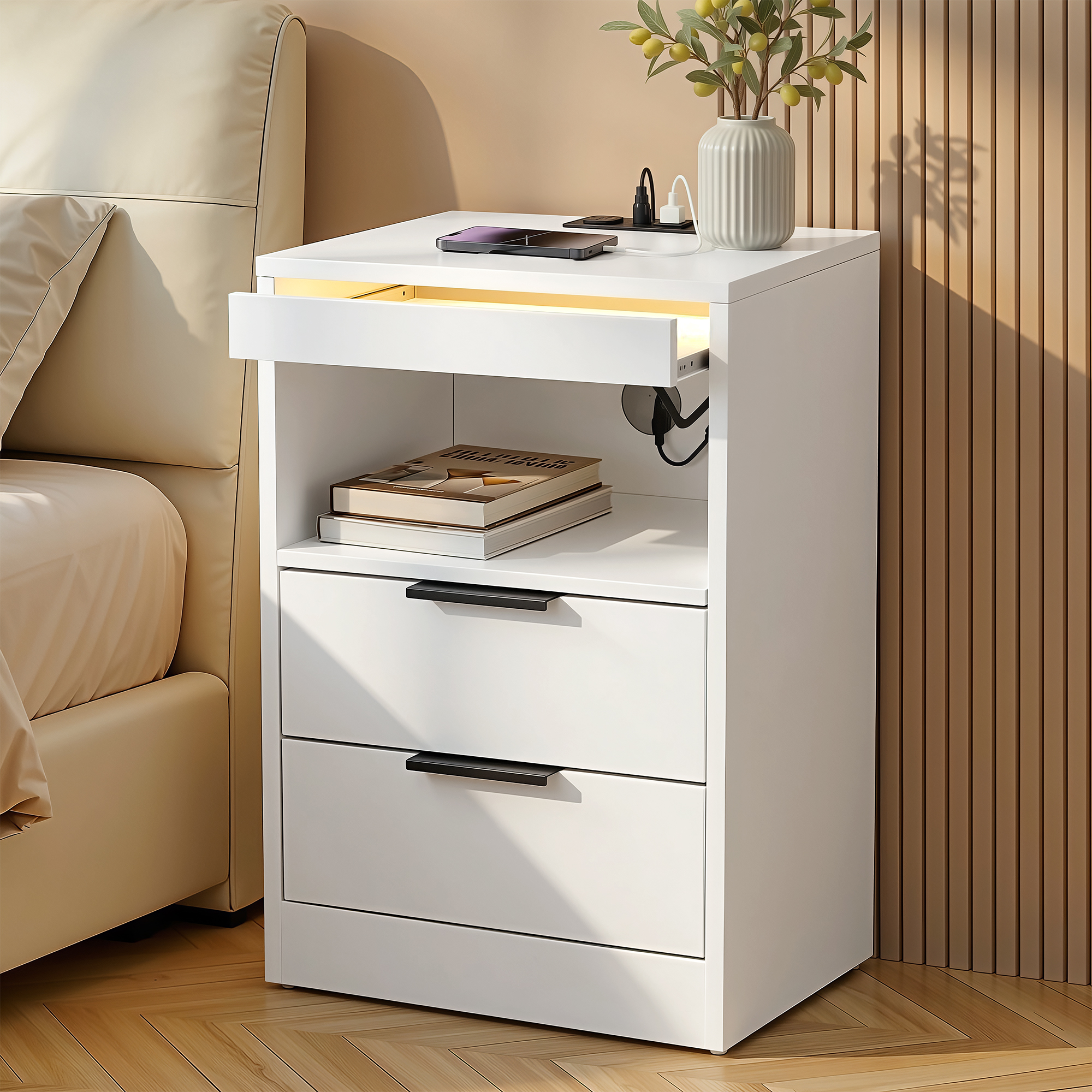Artiss Bedside Table LED Nightstand Charging Station 2 Drawers - White - Image 1