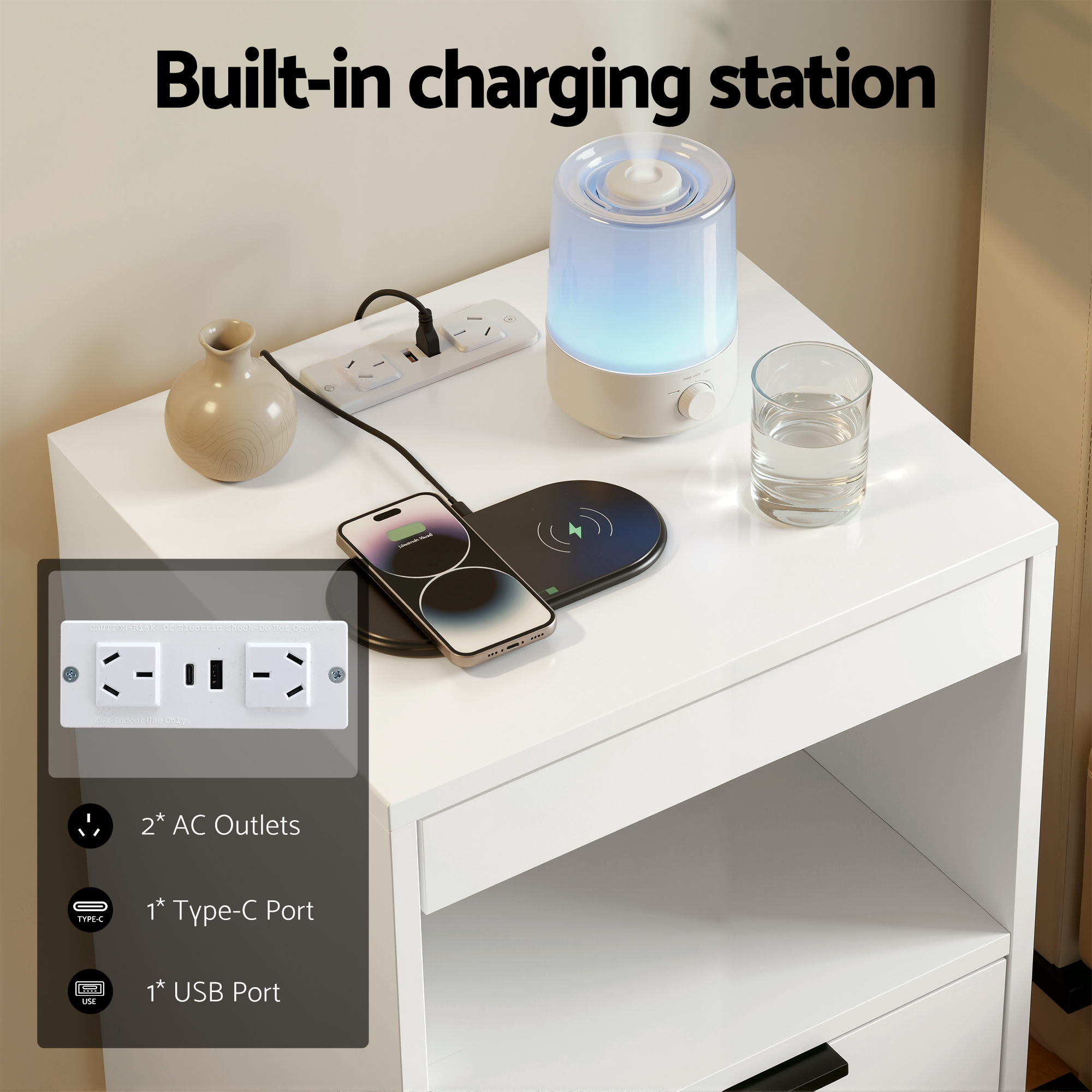 Artiss Bedside Table LED Nightstand Charging Station 2 Drawers - White - Image 6