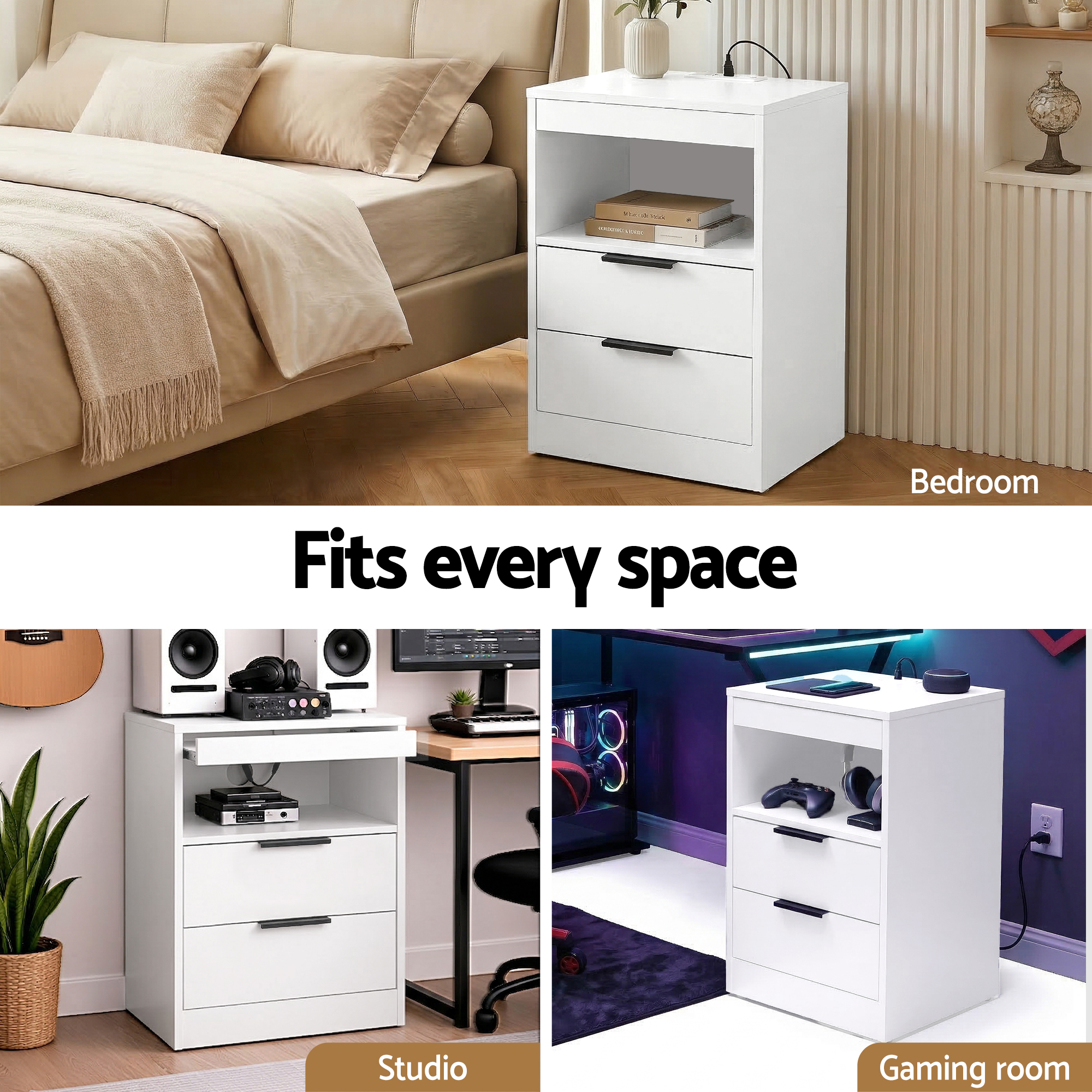 Artiss Bedside Table LED Nightstand Charging Station 2 Drawers - White - Image 8