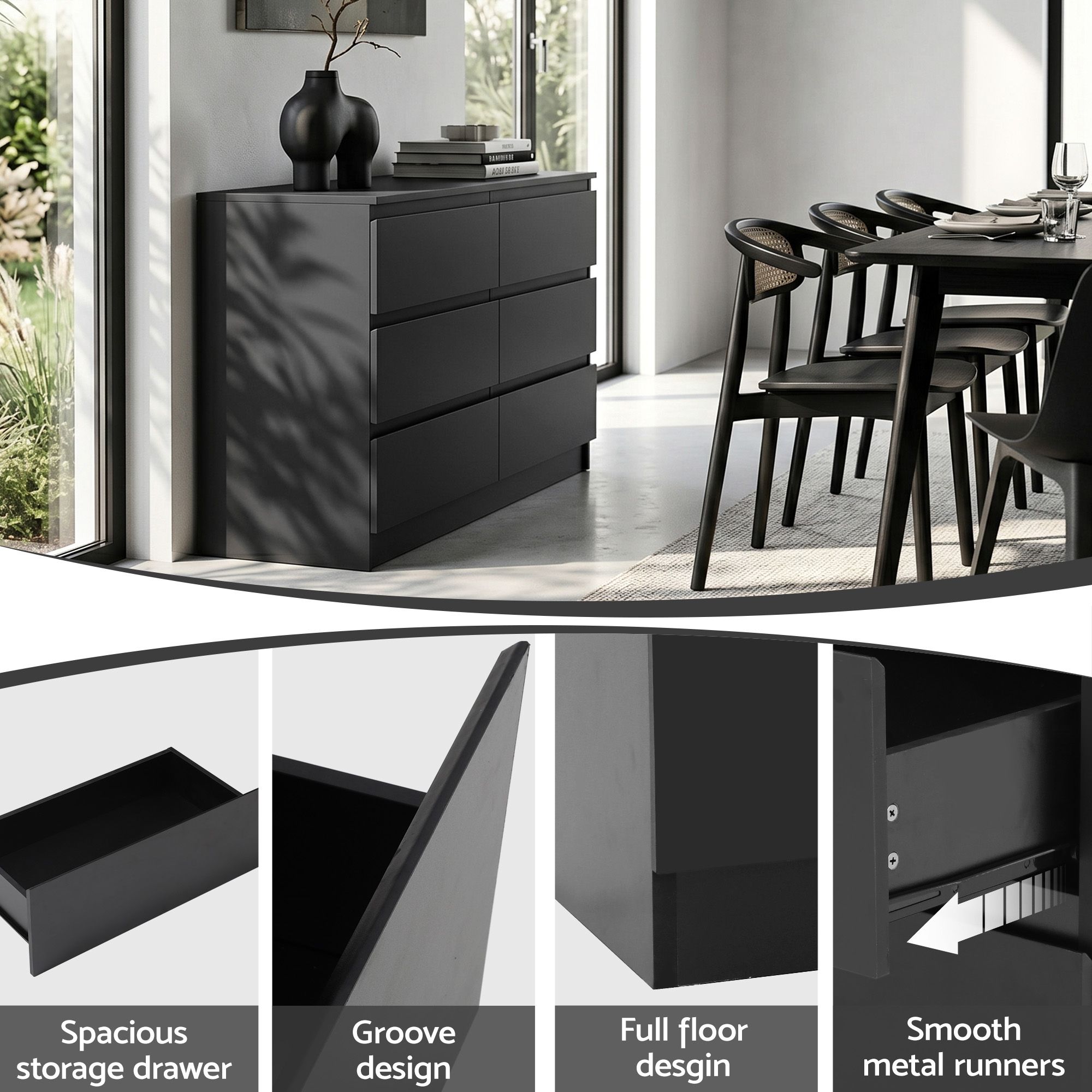 Artiss 6 Chest of Drawers Lowboy Black - Image 7