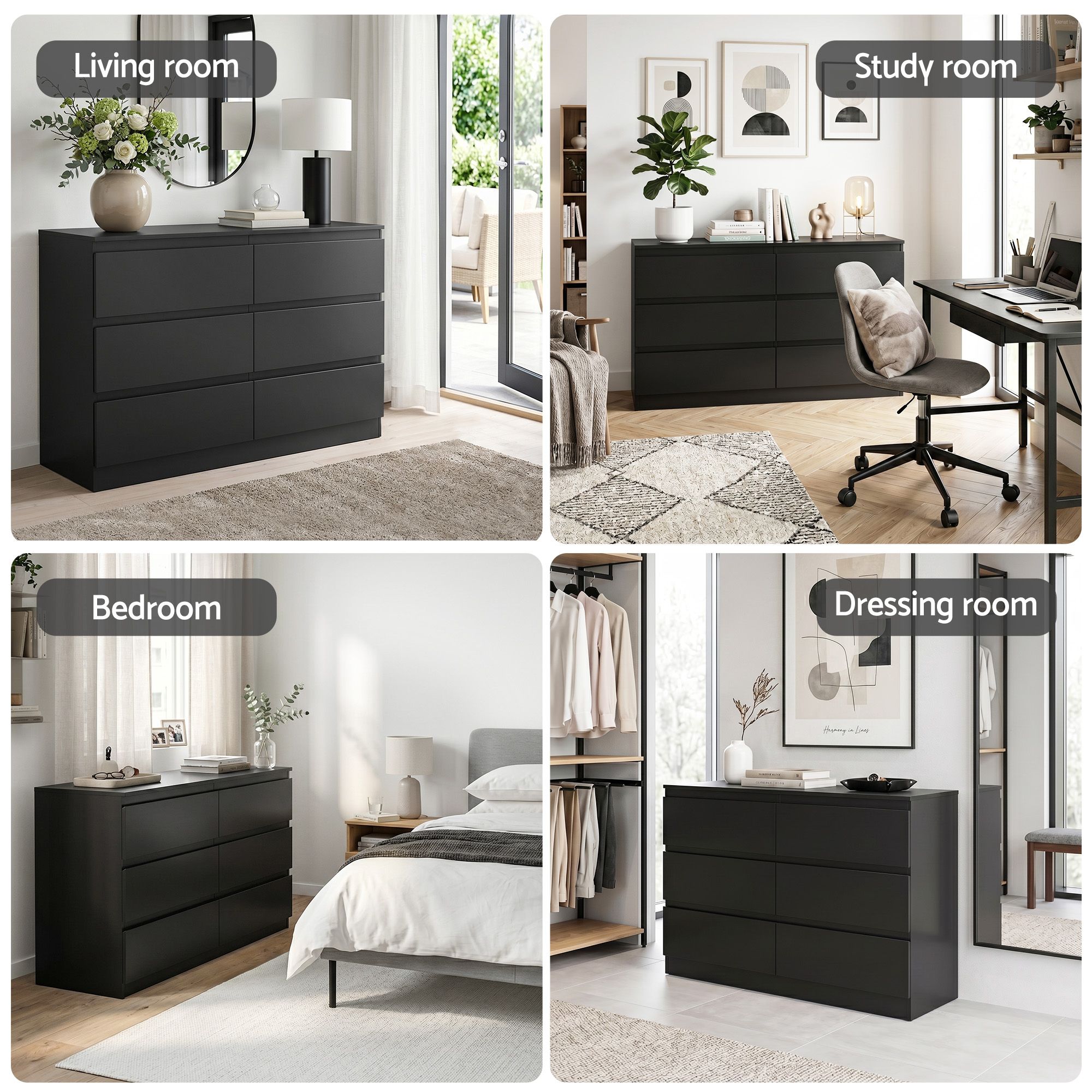 Artiss 6 Chest of Drawers Lowboy Black - Image 8