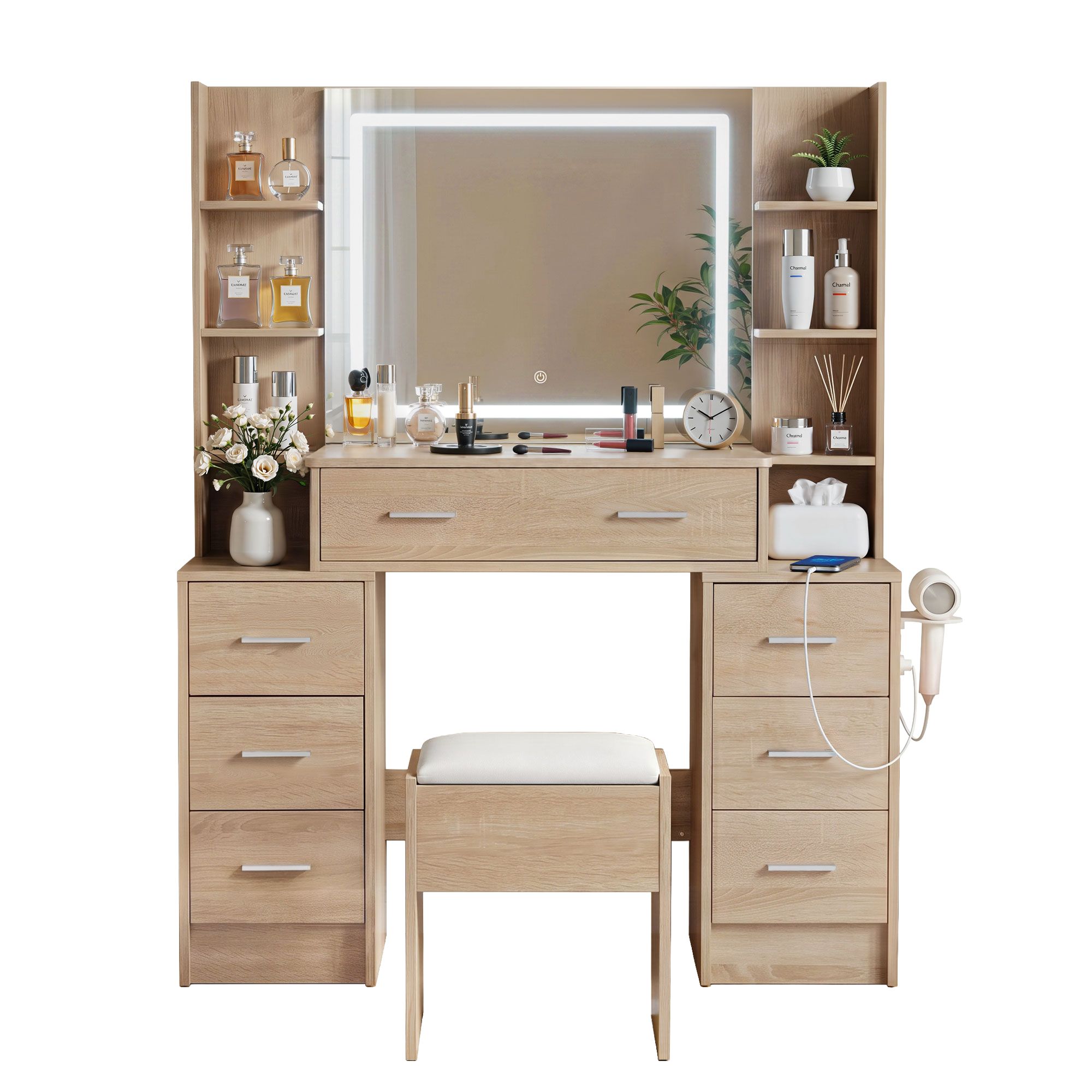 Artiss Dressing Table Vanity Desk Set Stool LED Charging Station Wood - Image 1