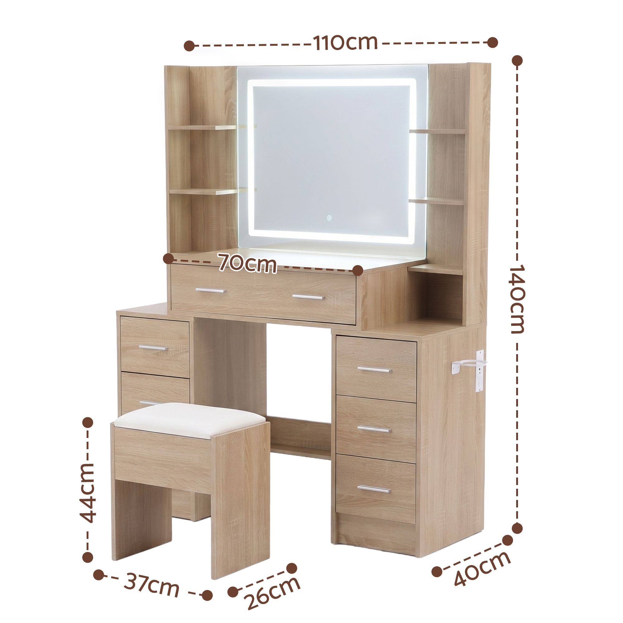 Artiss Dressing Table Vanity Desk Set Stool LED Charging Station Wood - Image 3