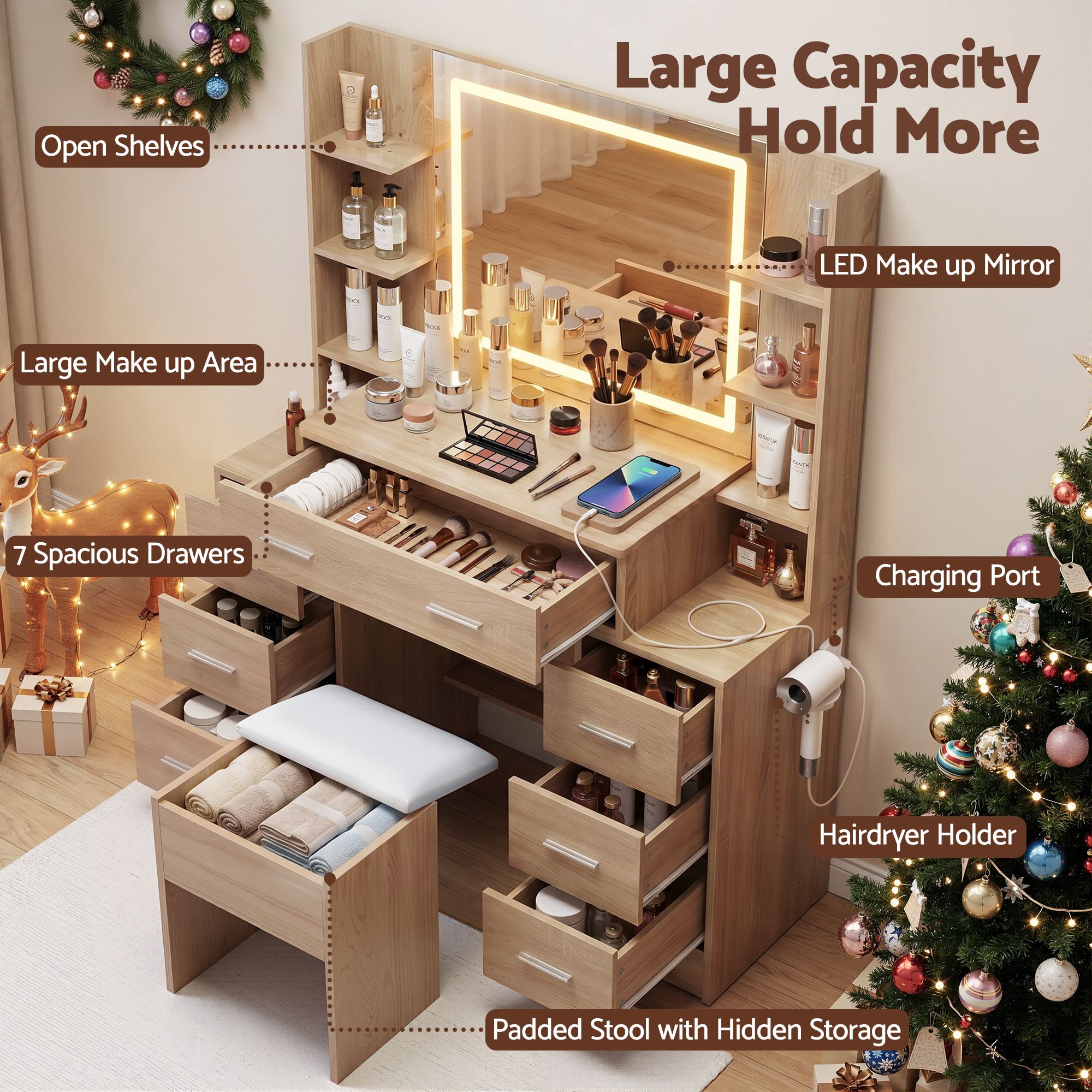 Artiss Dressing Table Vanity Desk Set Stool LED Charging Station Wood - Image 6