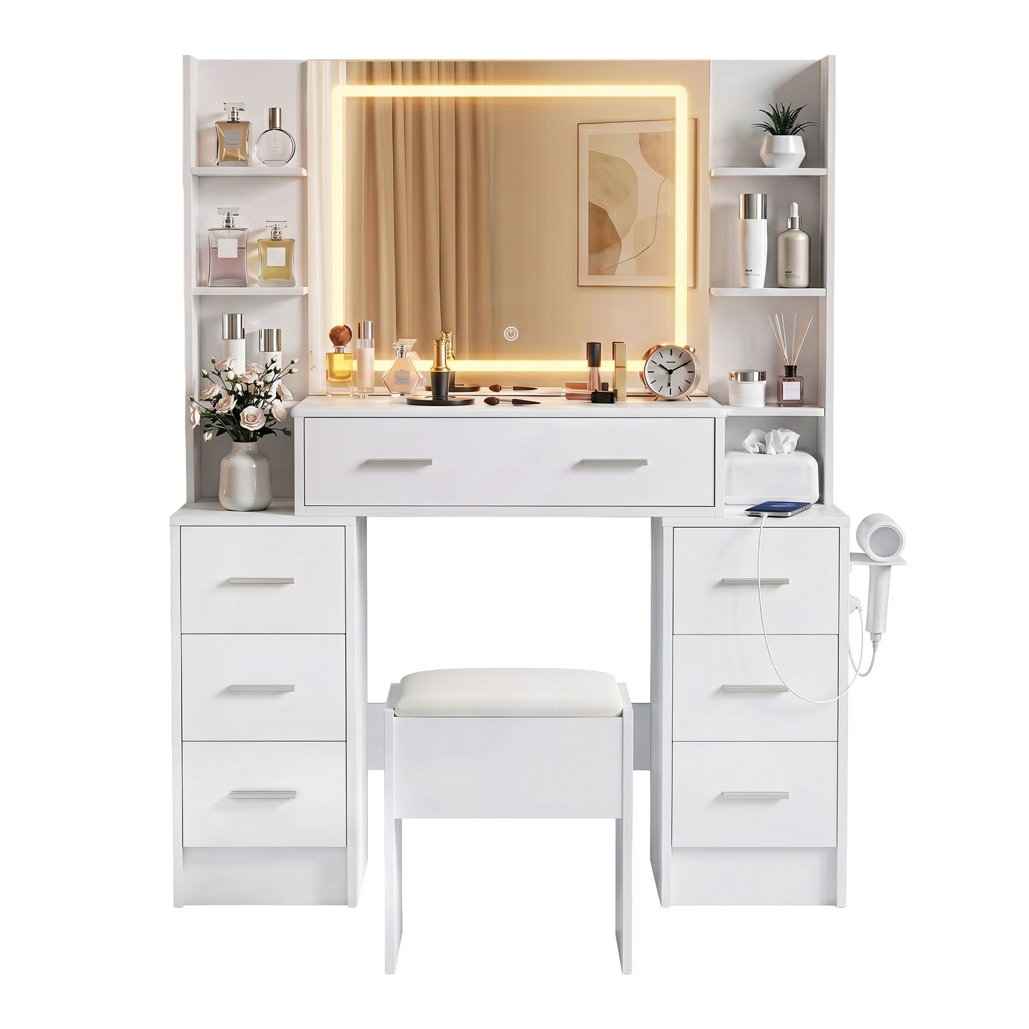 Artiss Dressing Table Vanity Desk Set Stool LED Charging Station White - Image 1