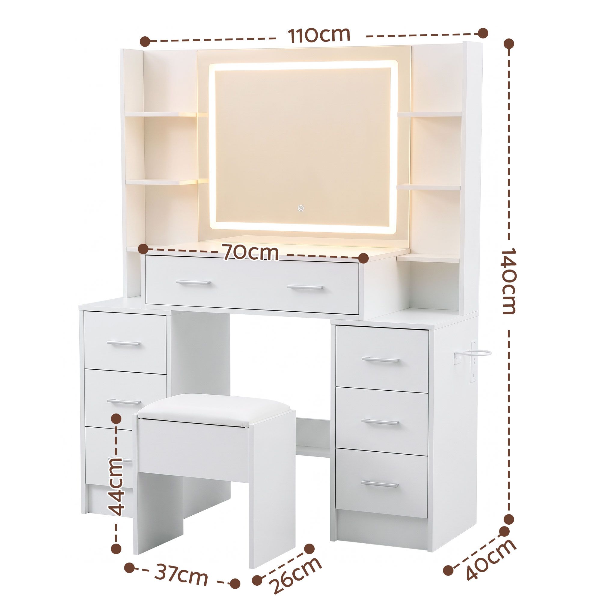 Artiss Dressing Table Vanity Desk Set Stool LED Charging Station White - Image 3