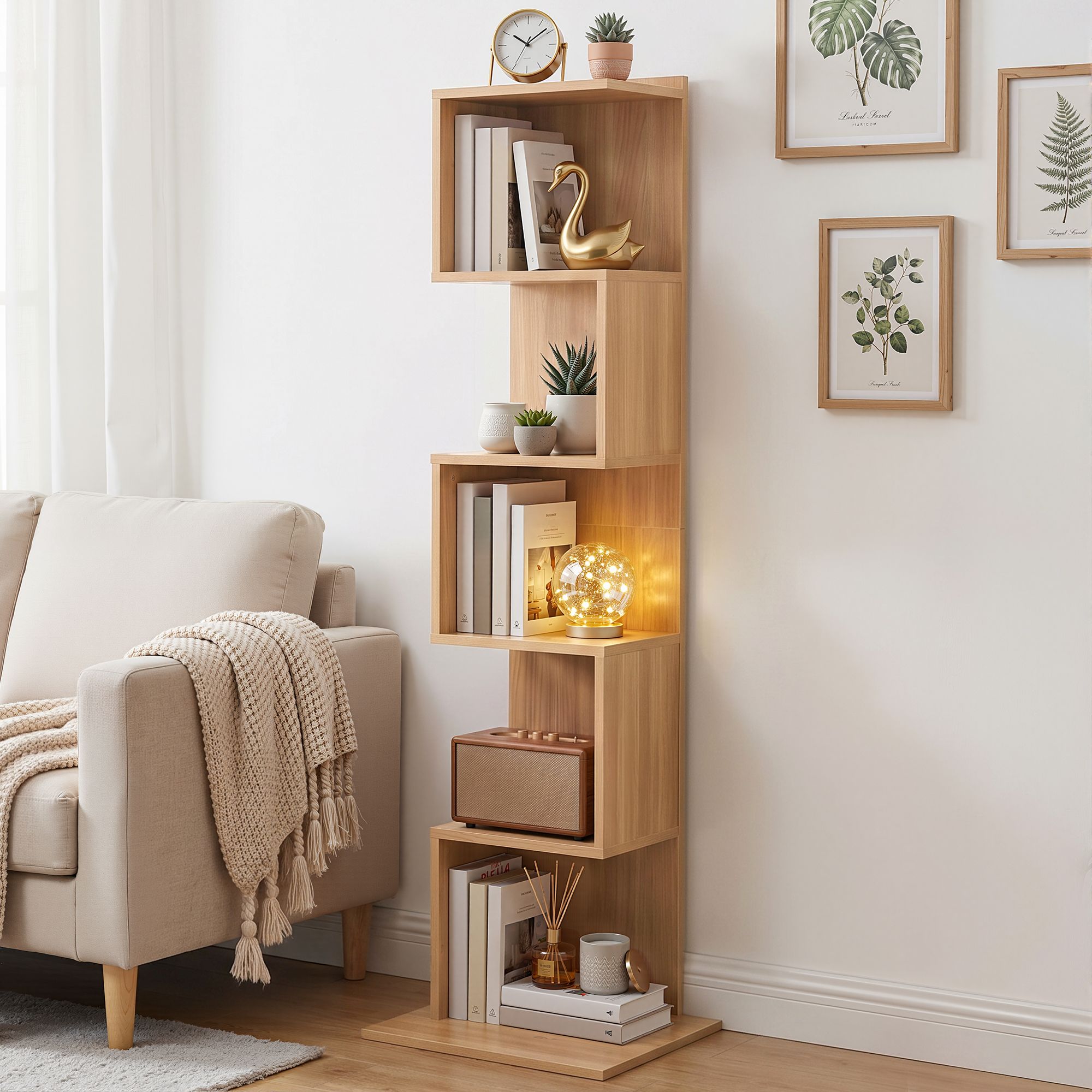 Artiss 5 Tiers Bookshelf S-shaped Bookcase Oak - Image 1