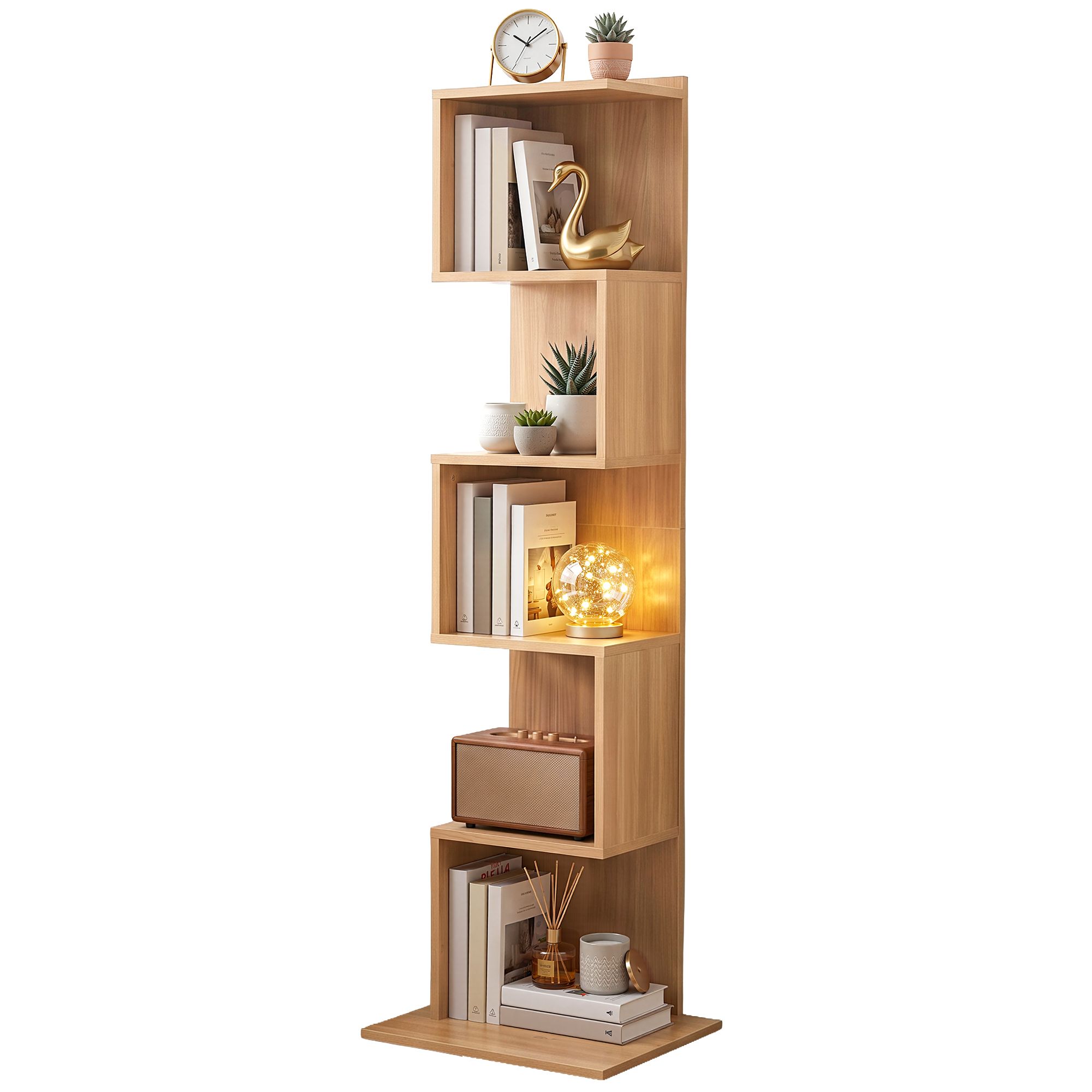 Artiss 5 Tiers Bookshelf S-shaped Bookcase Oak - Image 2