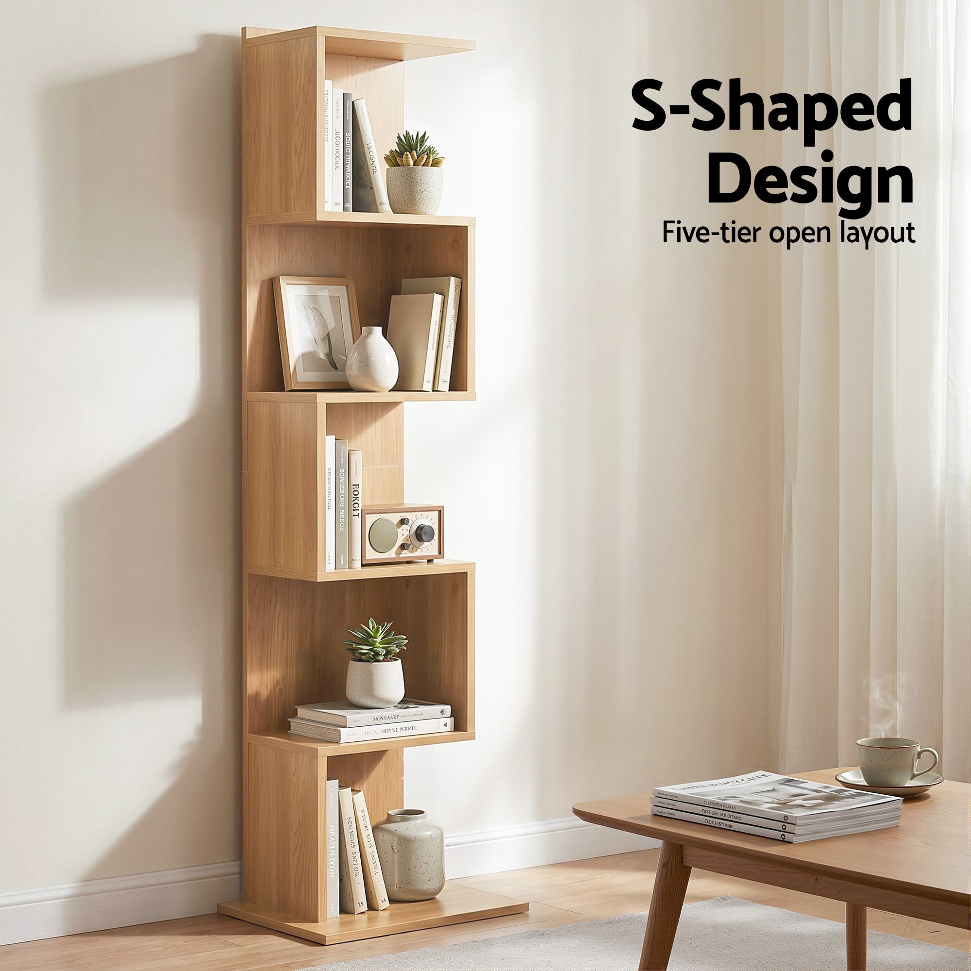 Artiss 5 Tiers Bookshelf S-shaped Bookcase Oak - Image 6
