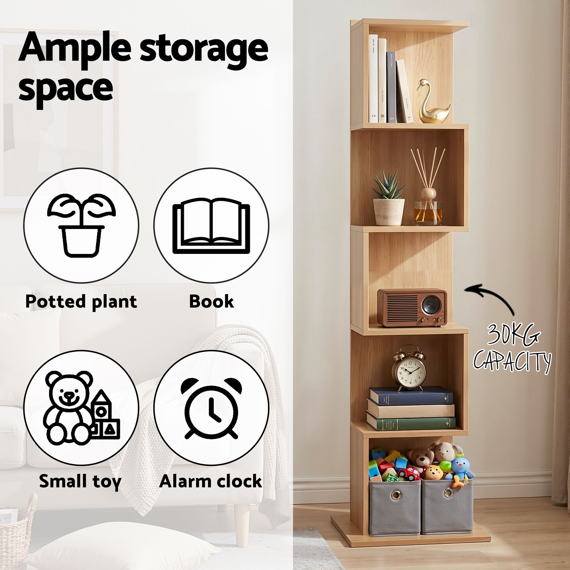 Artiss 5 Tiers Bookshelf S-shaped Bookcase Oak - Image 7