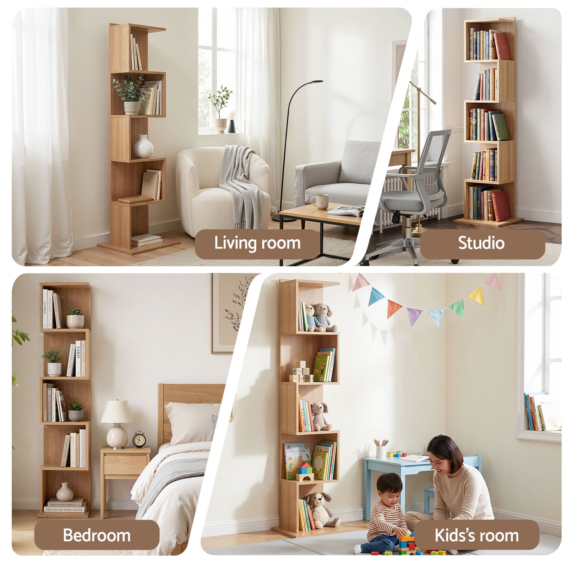 Artiss 5 Tiers Bookshelf S-shaped Bookcase Oak - Image 8