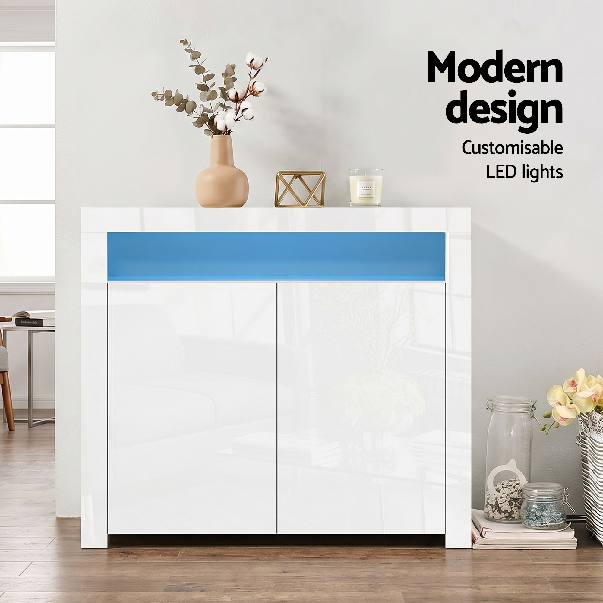 Artiss 2x Buffet Sideboard Cabinet LED Cupboard High-Gloss Storage Pantry ARNO - Image 5