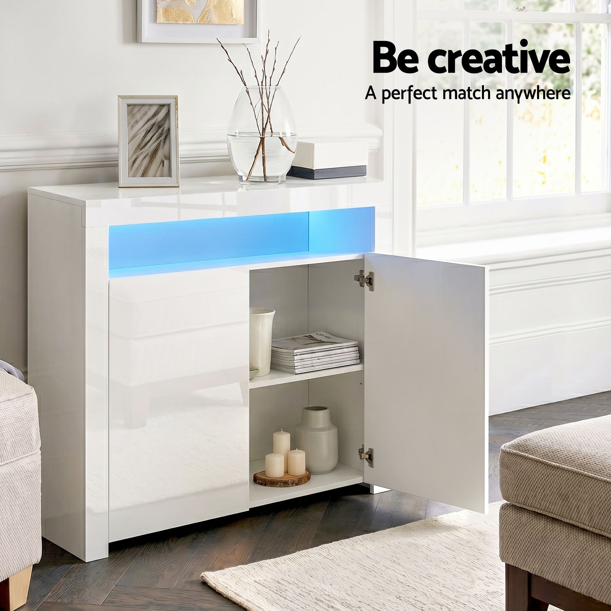 Artiss 2x Buffet Sideboard Cabinet LED Cupboard High-Gloss Storage Pantry ARNO - Image 8