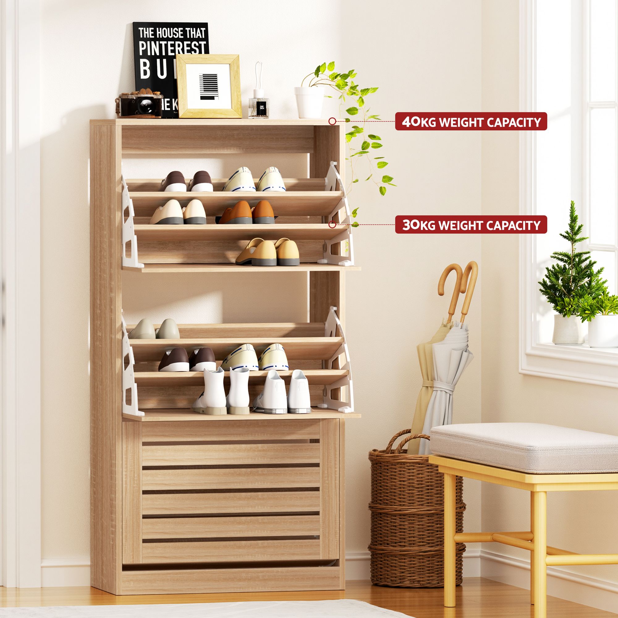 Artiss 2x Shoe Cabinet Storage Organiser 3 Flip Drawer Pine - Image 6