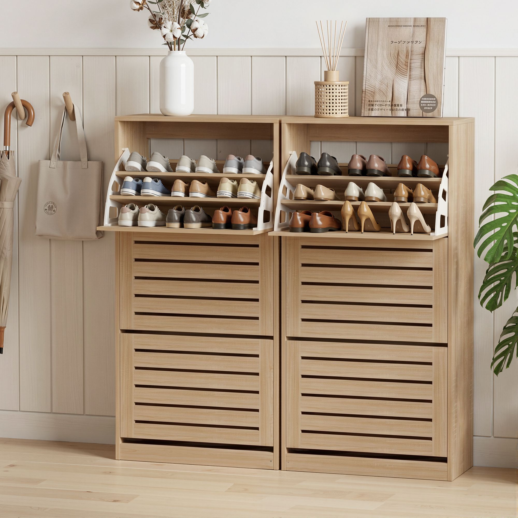 Artiss 2x Shoe Cabinet Storage Organiser 3 Flip Drawer Pine - Image 8