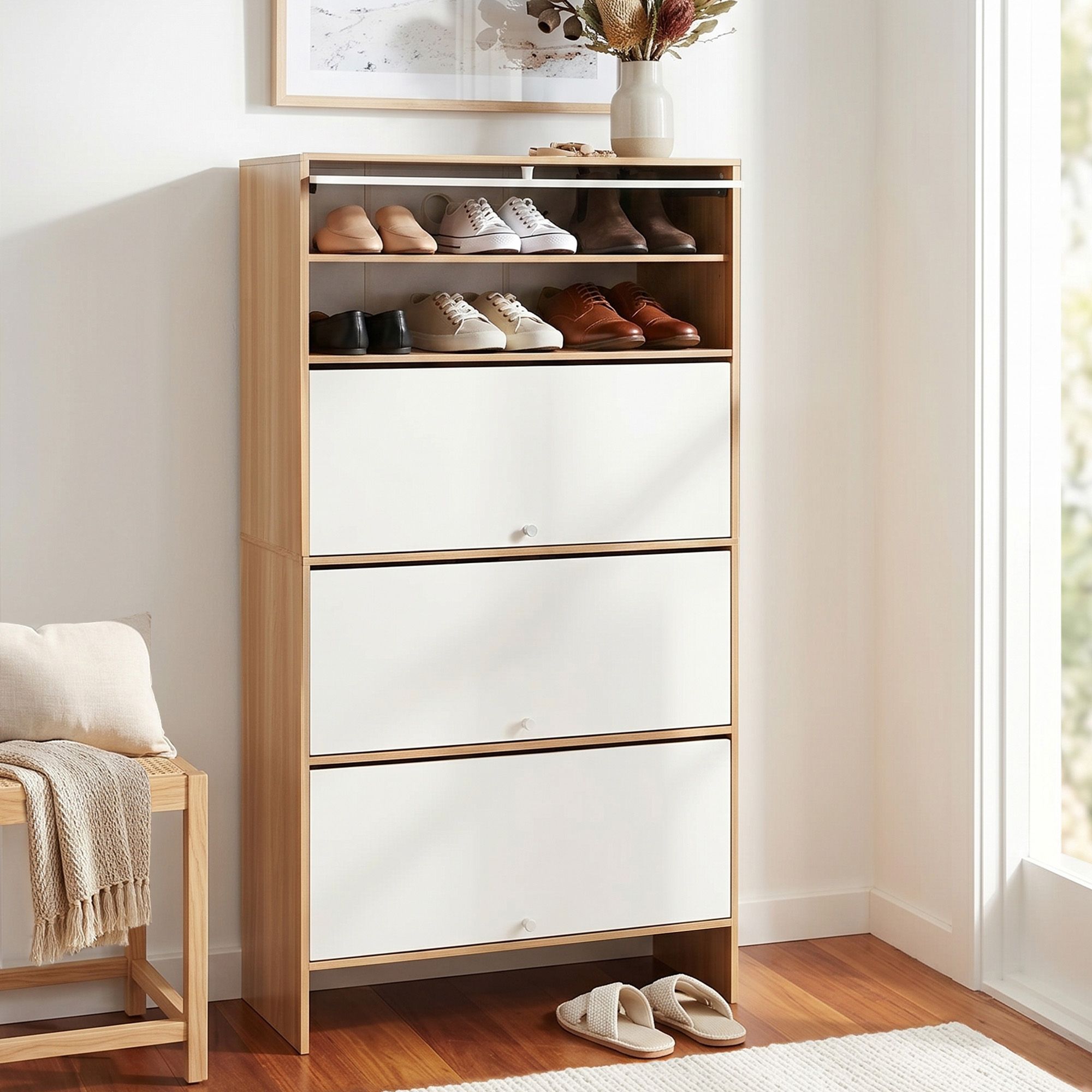 Artiss Narrow Shoe Cabinet Adjustable Shelves Flip-up Door White & Pine - Image 1