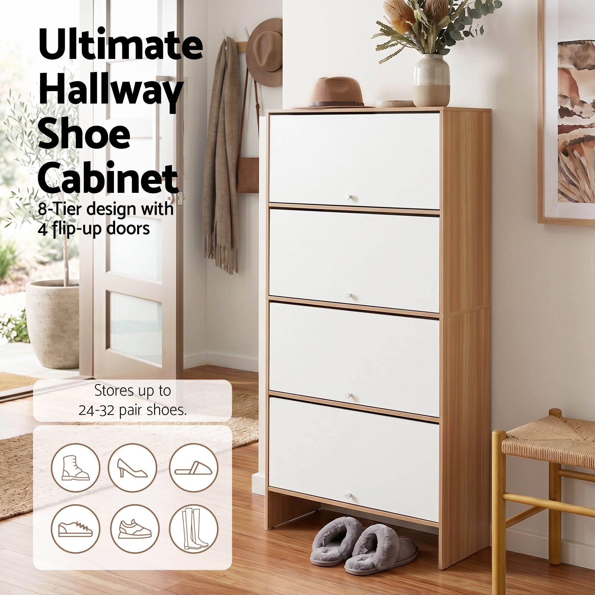Artiss Narrow Shoe Cabinet Adjustable Shelves Flip-up Door White & Pine - Image 6