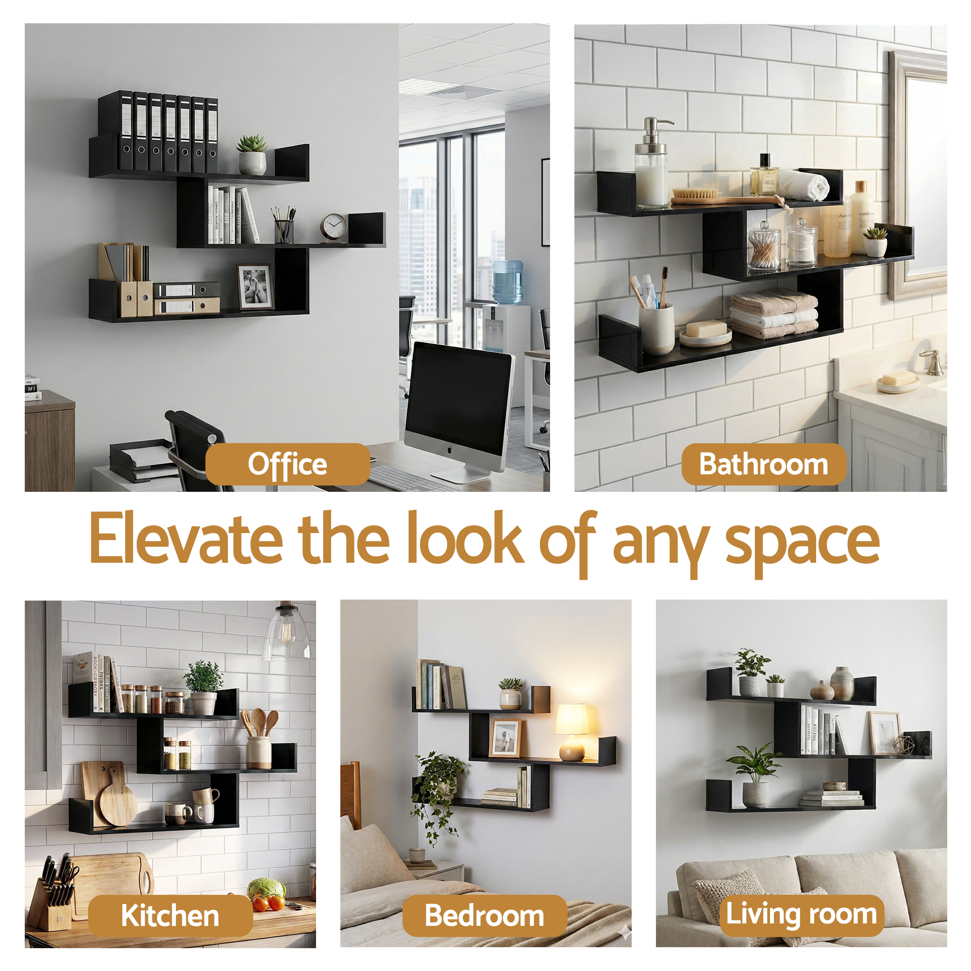 Artiss Floating Wall Shelf 3 Tier Black - Image 7