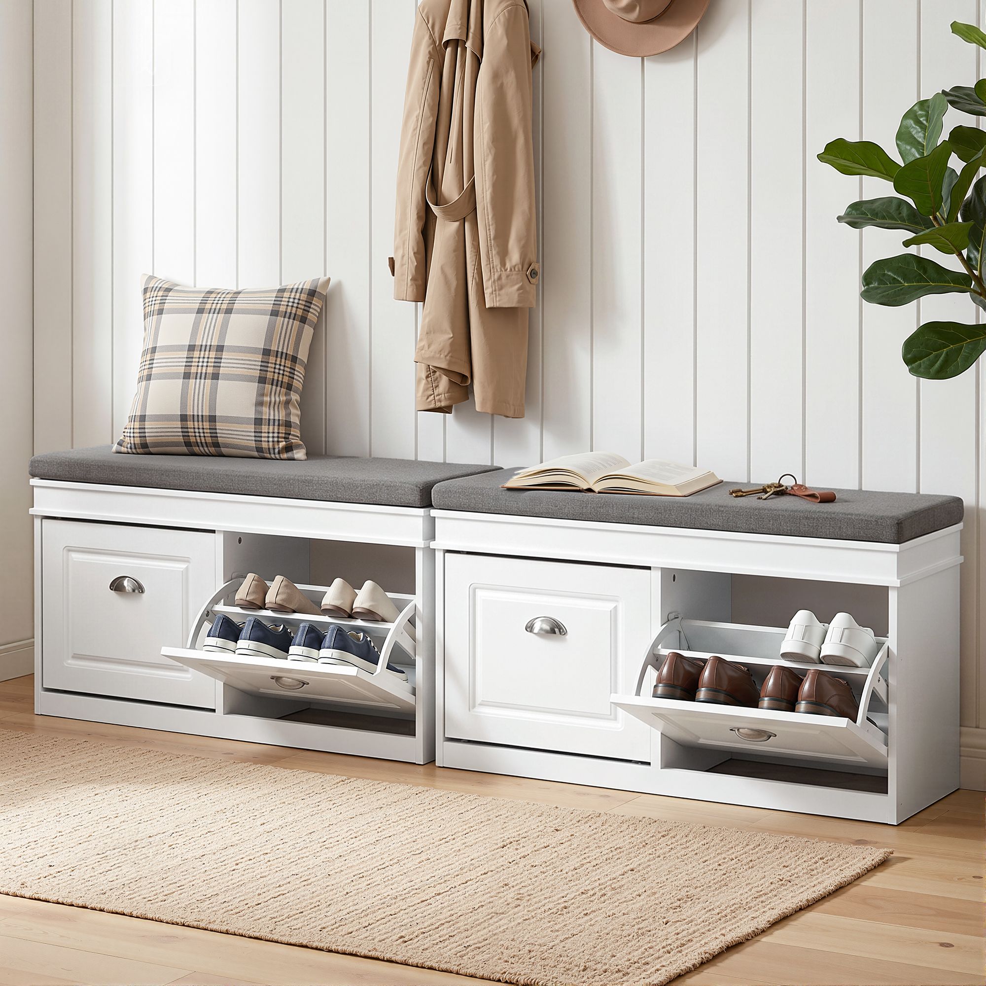 Artiss 2x Shoe Bench Set Flip Drawer White - Image 1