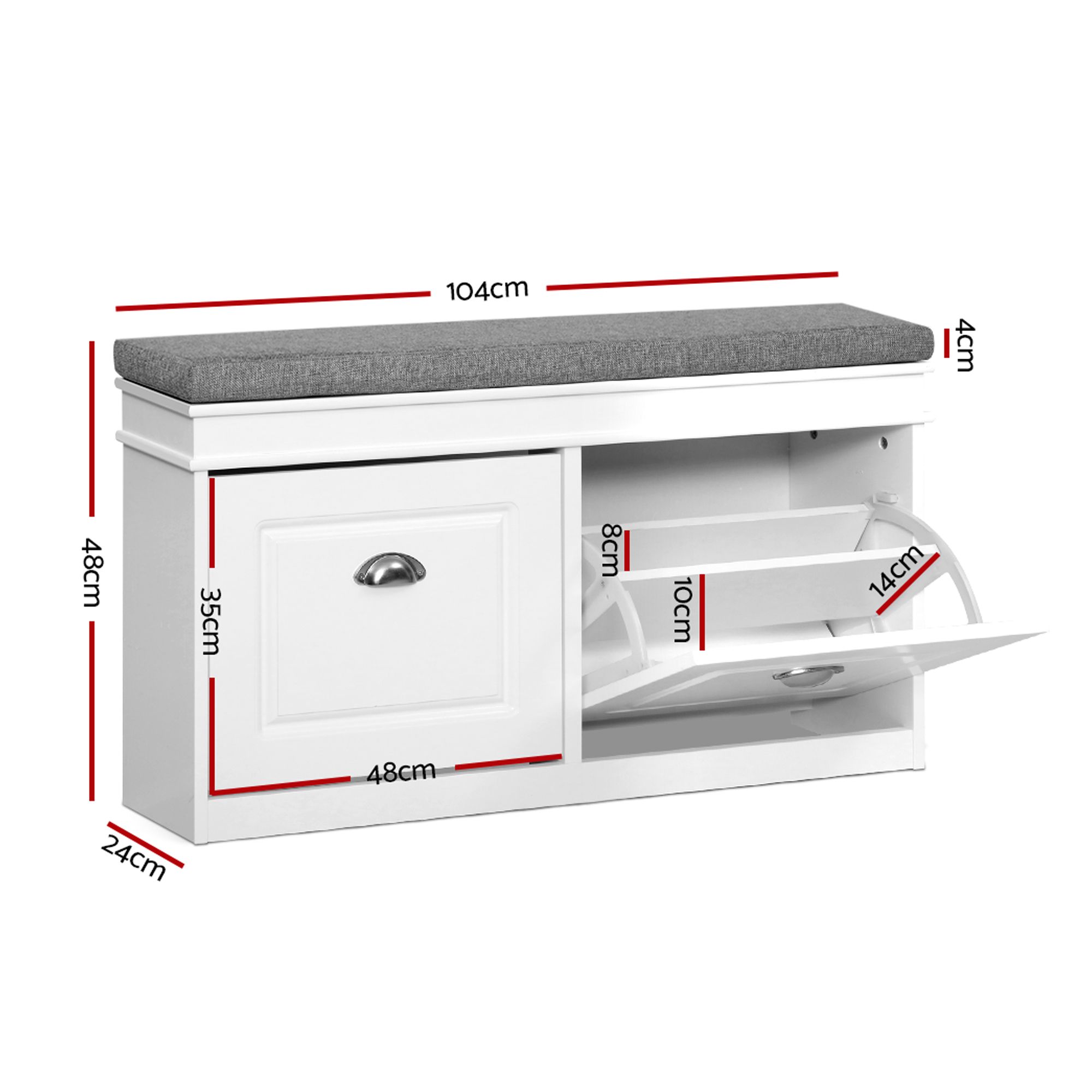 Artiss 2x Shoe Bench Set Flip Drawer White - Image 3