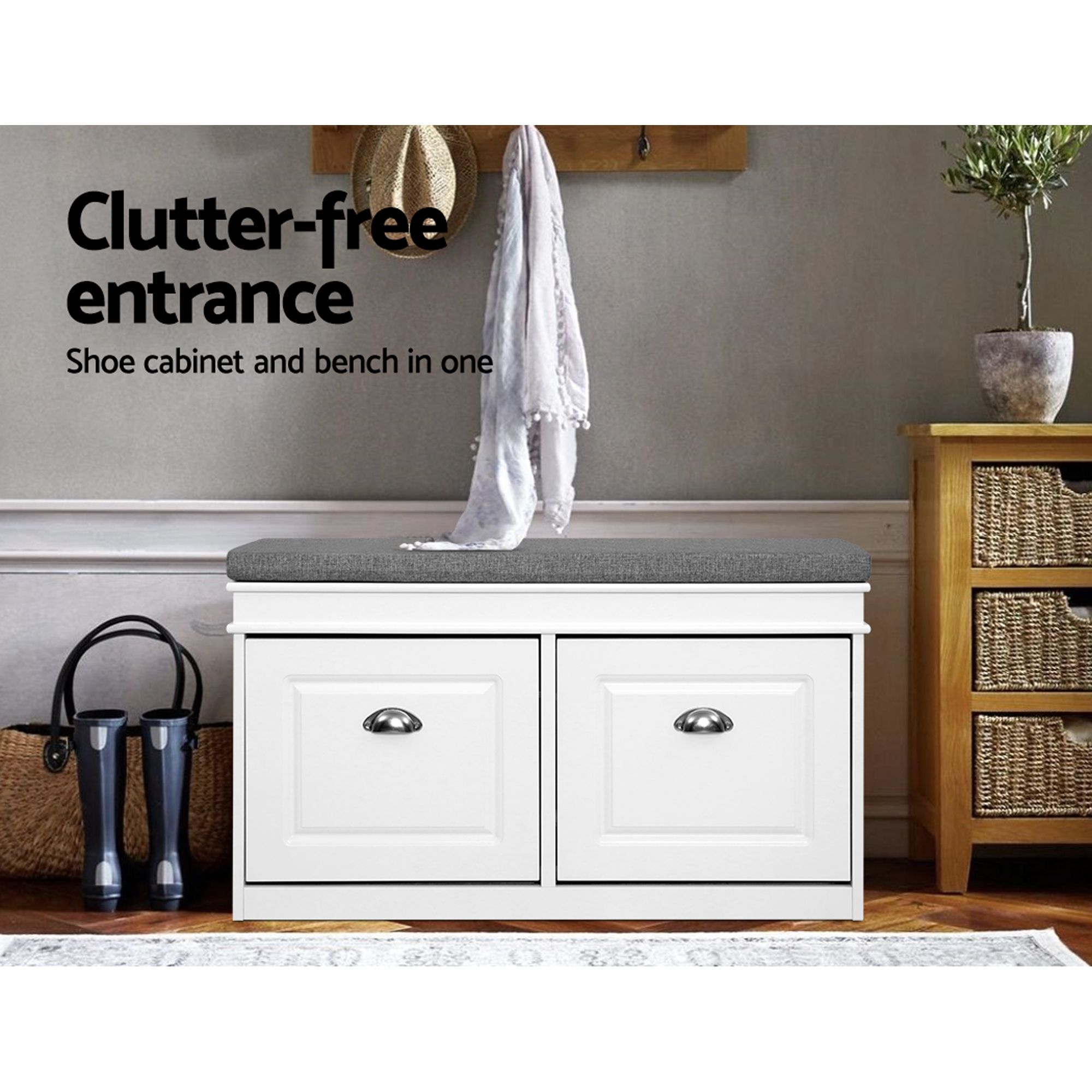 Artiss 2x Shoe Bench Set Flip Drawer White - Image 5