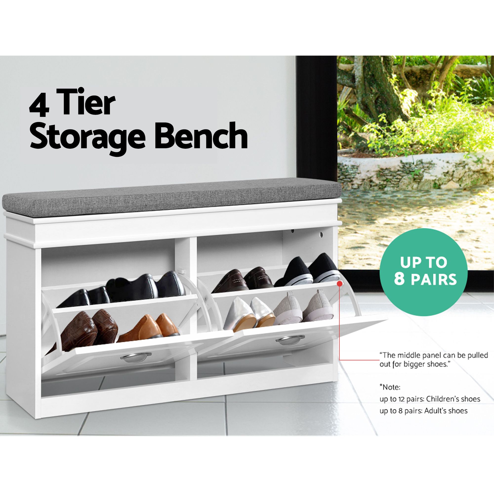 Artiss 2x Shoe Bench Set Flip Drawer White - Image 6