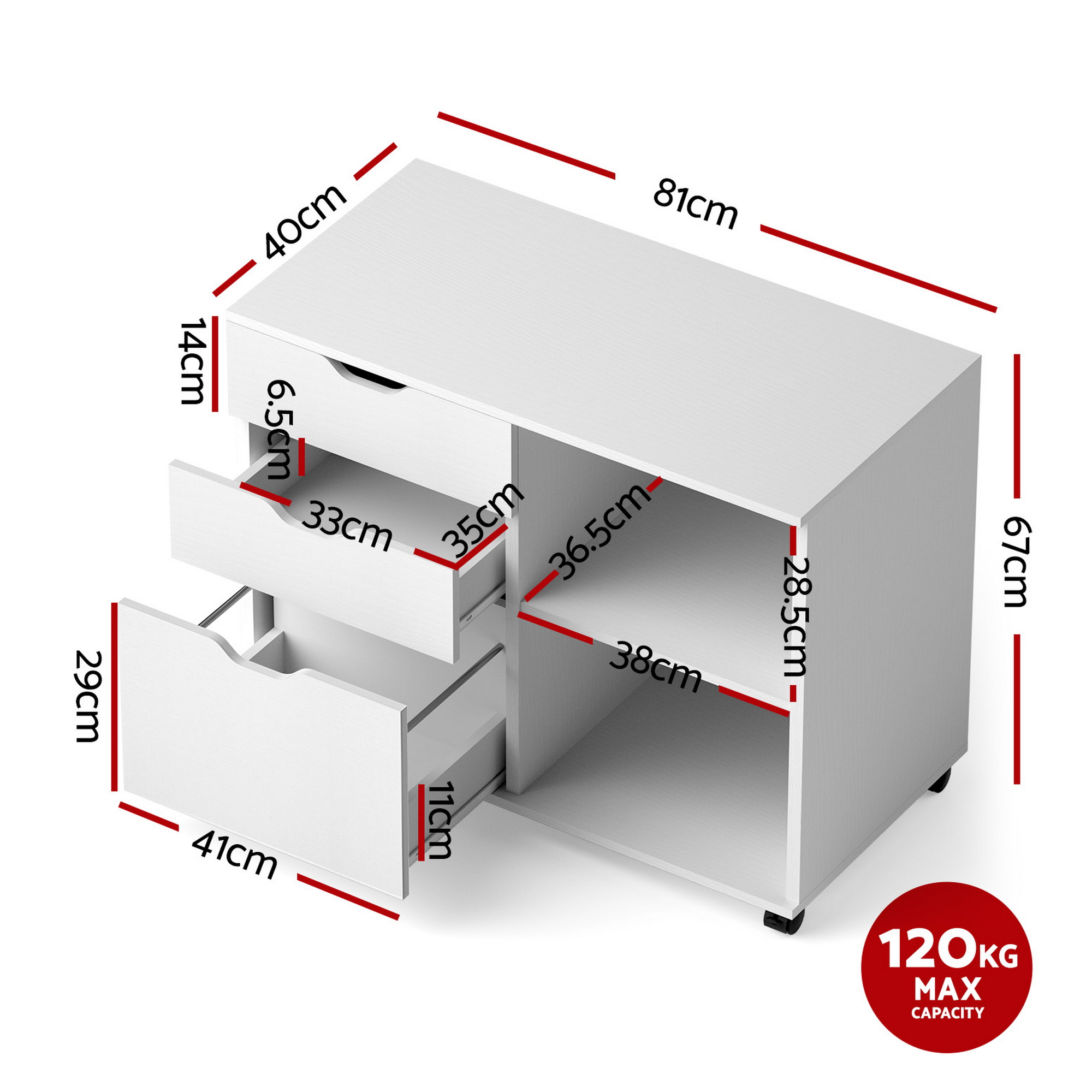 Artiss 3 Drawer Mobile Filing Cabinet Printer Stand Cabinet Home Office Storage White - Image 3