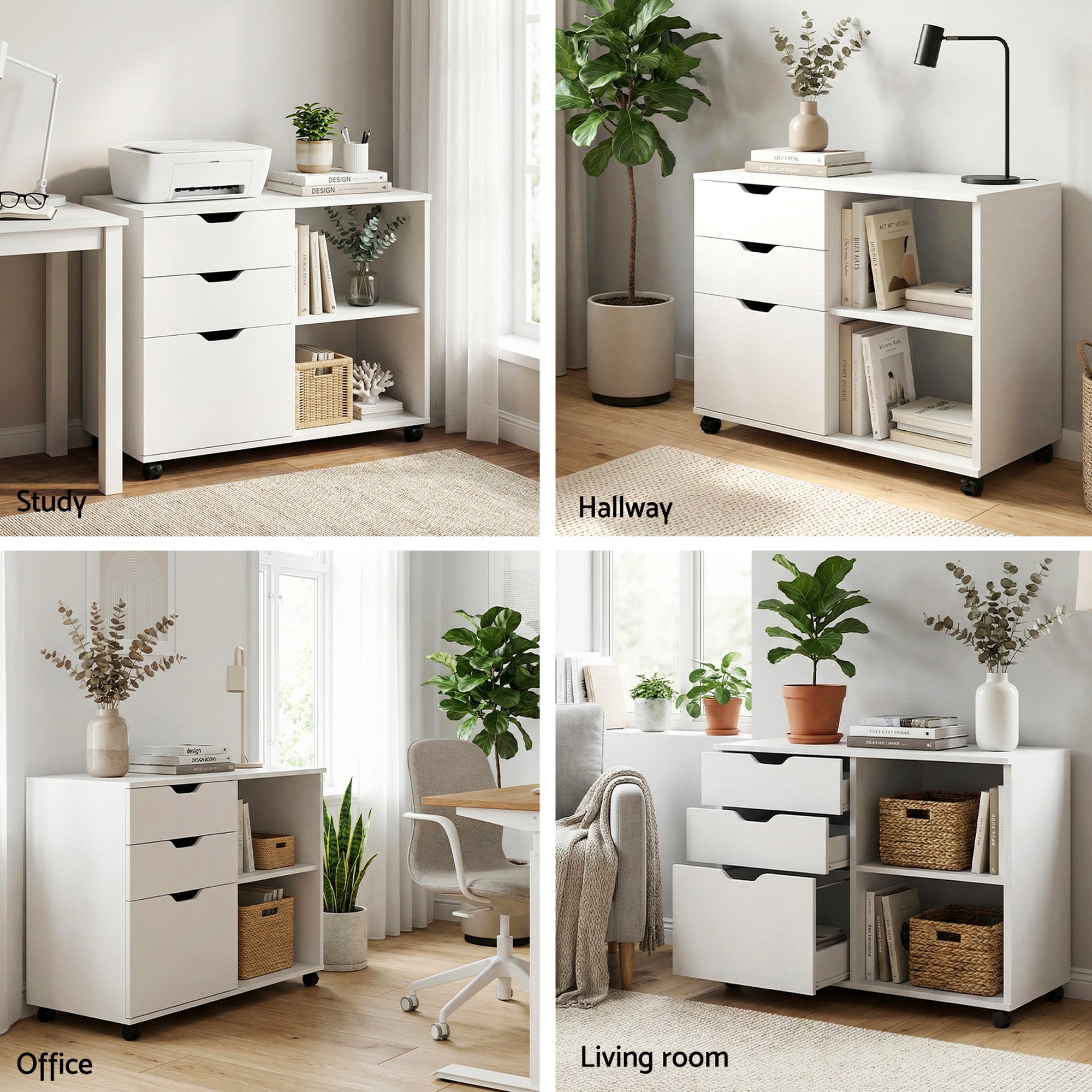 Artiss 3 Drawer Mobile Filing Cabinet Printer Stand Cabinet Home Office Storage White - Image 8
