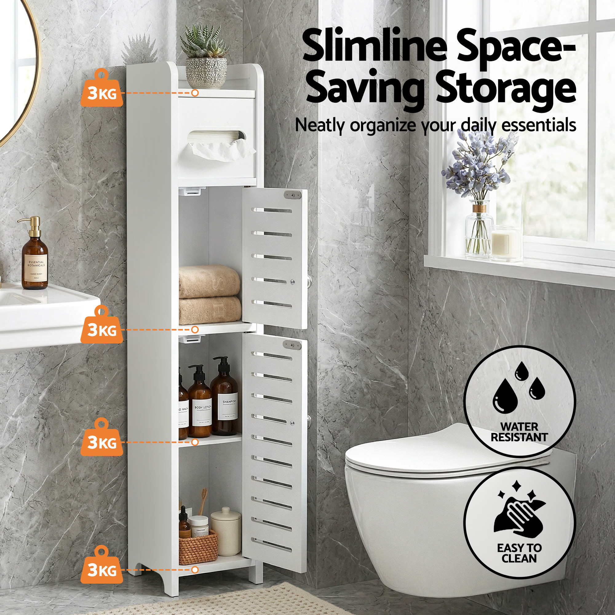 Artiss 2x Bathroom Storage Cabinet 3-Tier Toilet Paper Holder Organizer White - Image 5