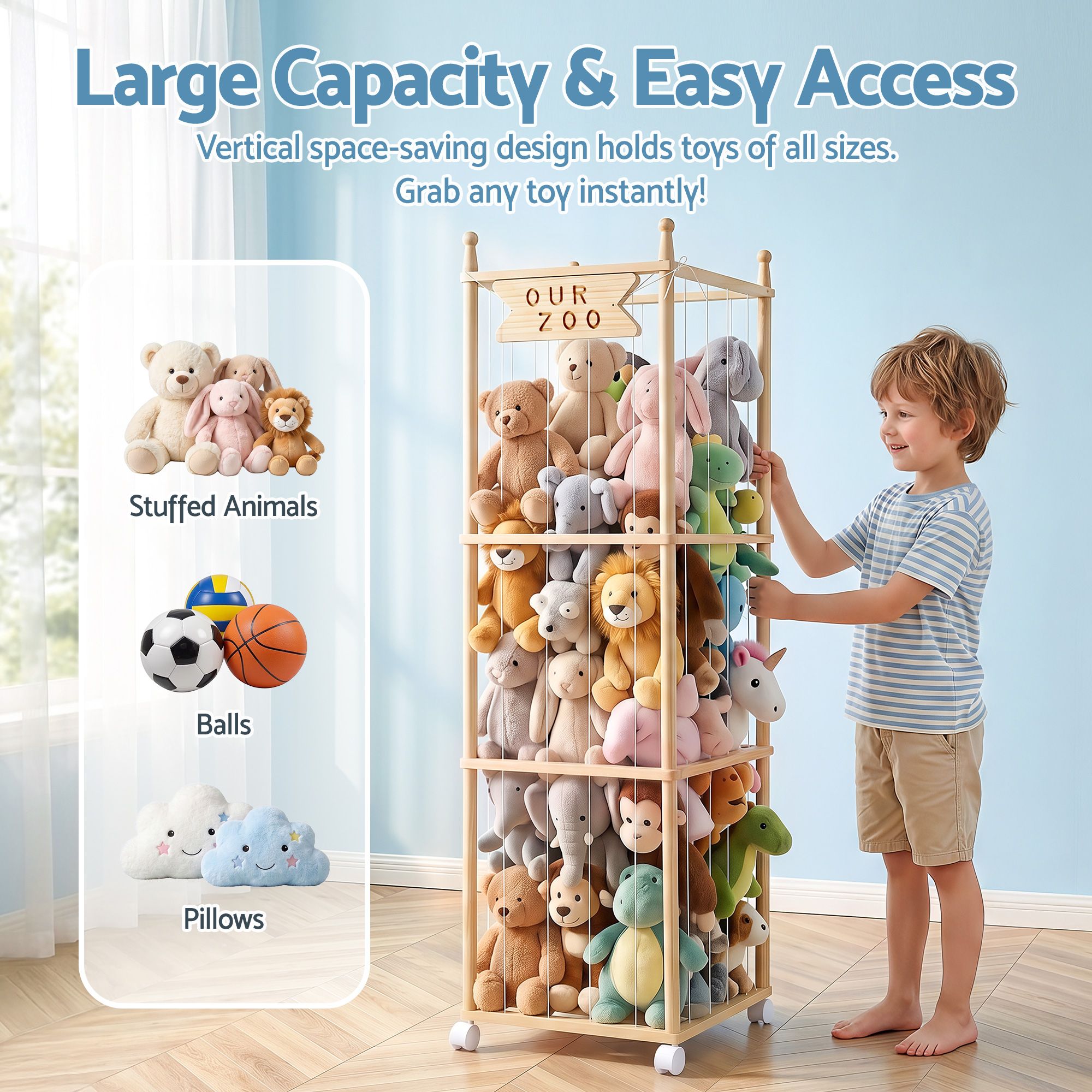 Keezi Stuffed Animal Storage Wooden Toy Holder with Wheels Soft Toy Storage Zoo Cage Stuffy Toy Storage Organizers with Elastic Cords for Playroom Bedroom Nursery - Image 5